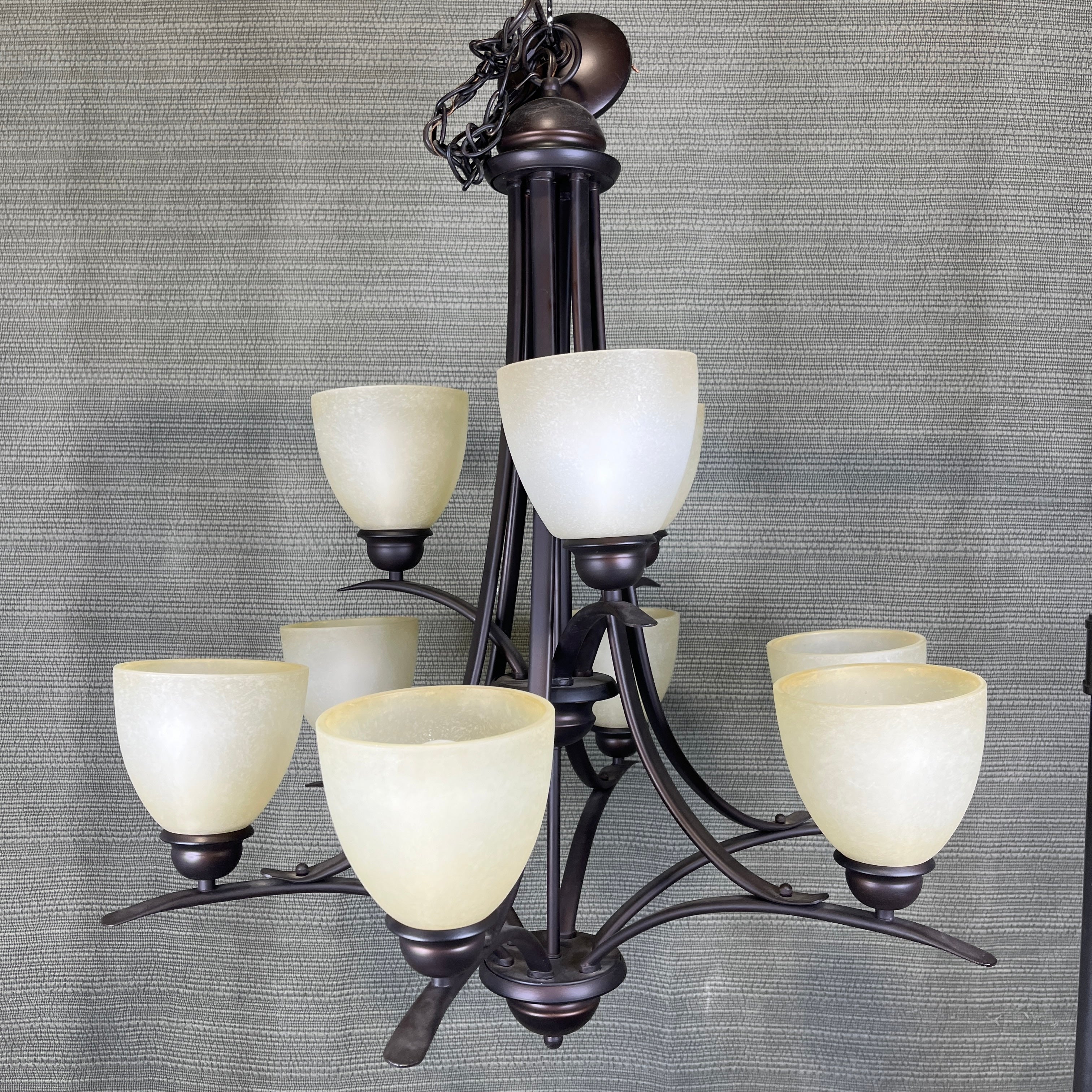 Traditional Tiered 9-Light Bronze with Frosted Glass Shades Chandelier 29” Diameter x 35” - 45”