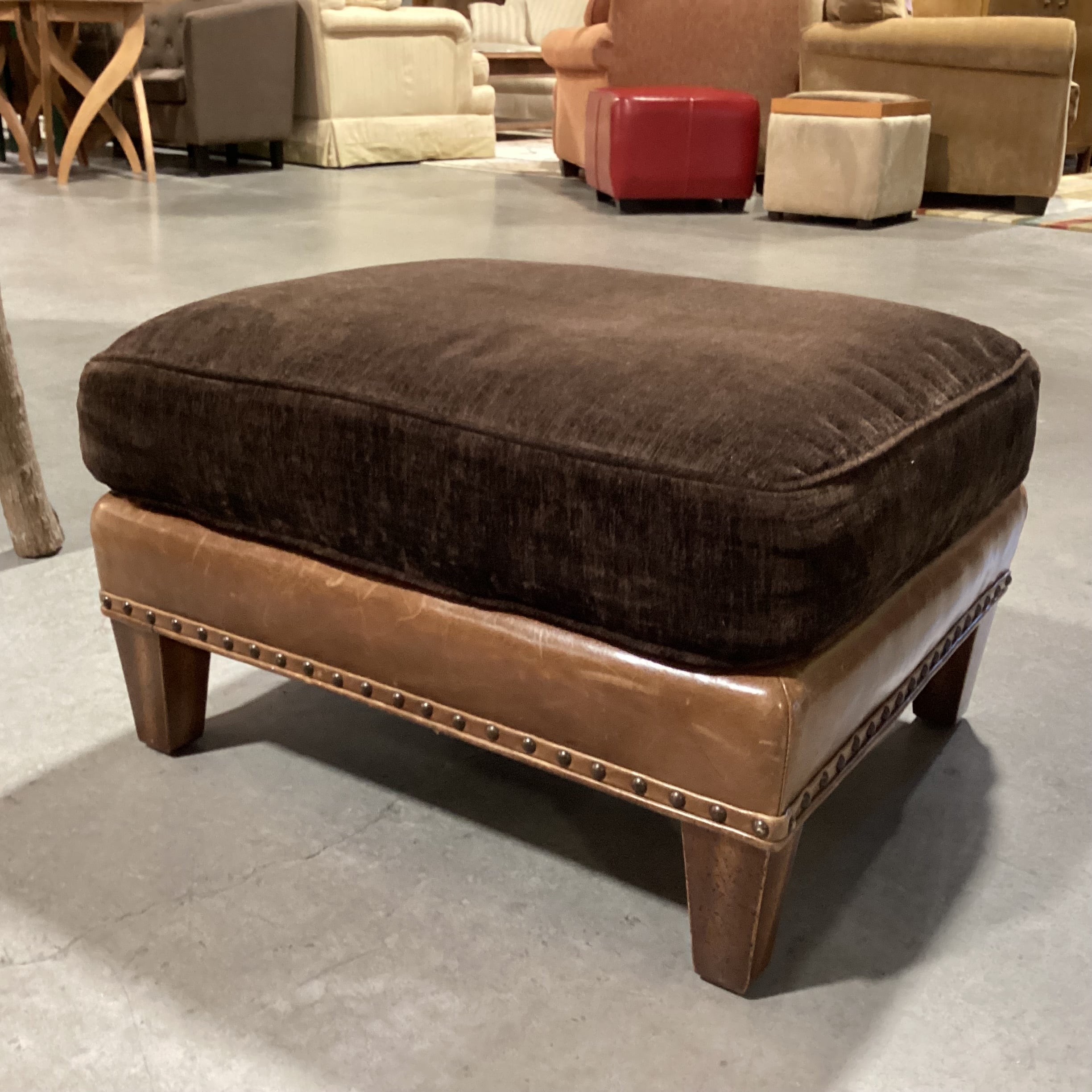 Wesley Hall Collection Distressed Leather Nailhead & Brown Upholstered Ottoman 26"x 21"x 15"