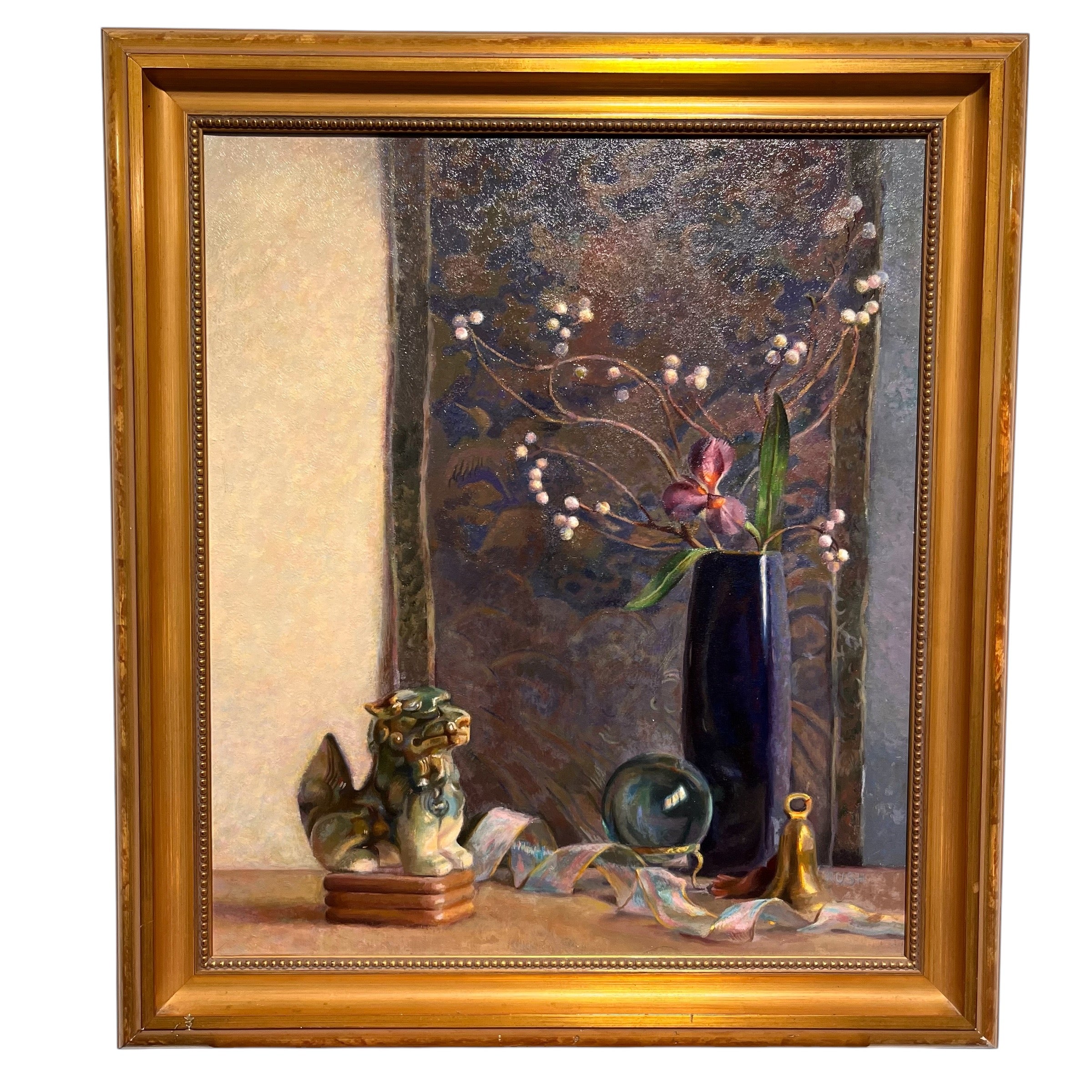 Rush Original Orchid and Asian Relics Still Life Oil on Canvas Wall Decor; 23.5"x 26.5"