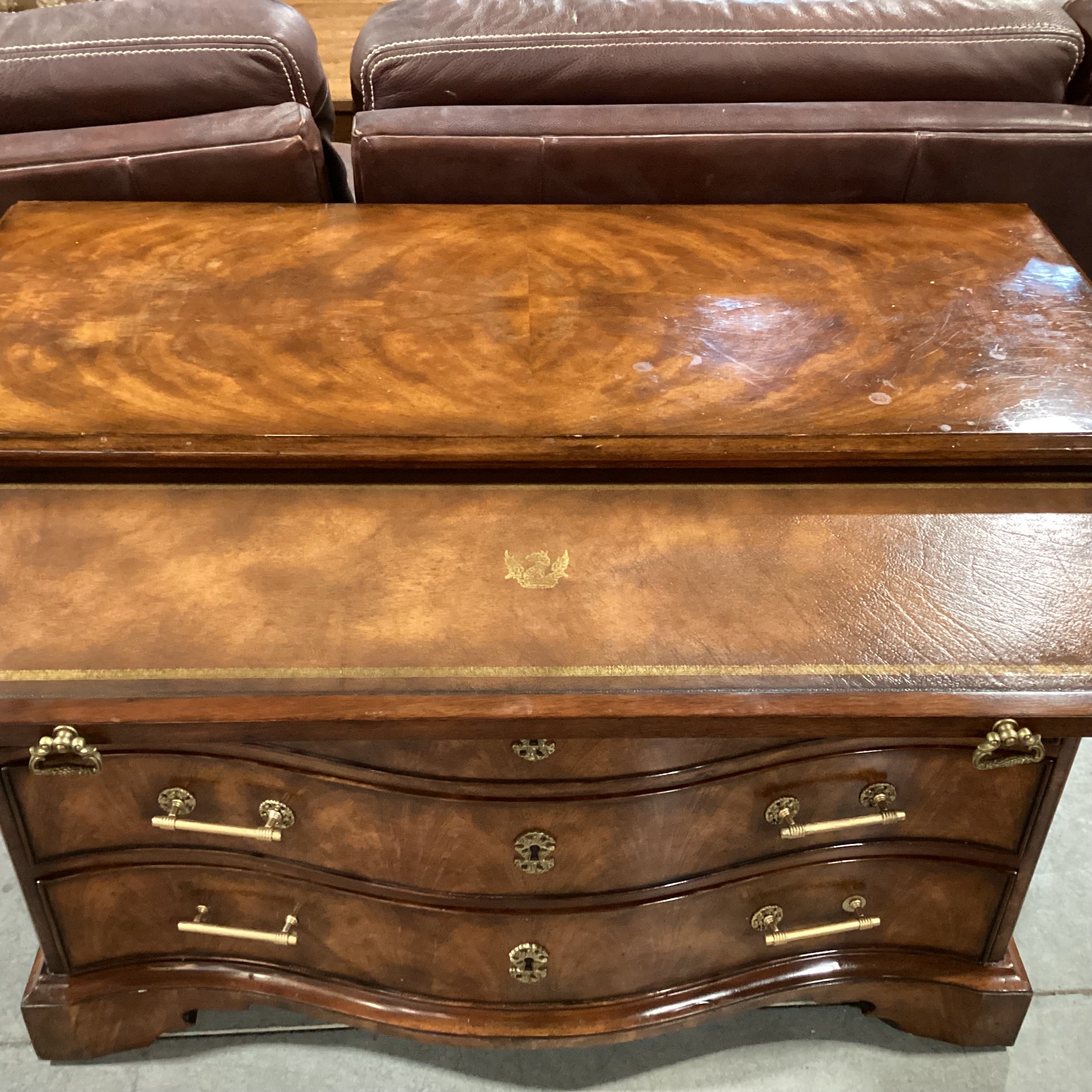 Theodore Alexander Flamed Mahogany Veneer & Carved Wood Ornate Brass Accent with Leather Top Pullout 4 Drawer Chest 42.5"x 18.5"x 32"