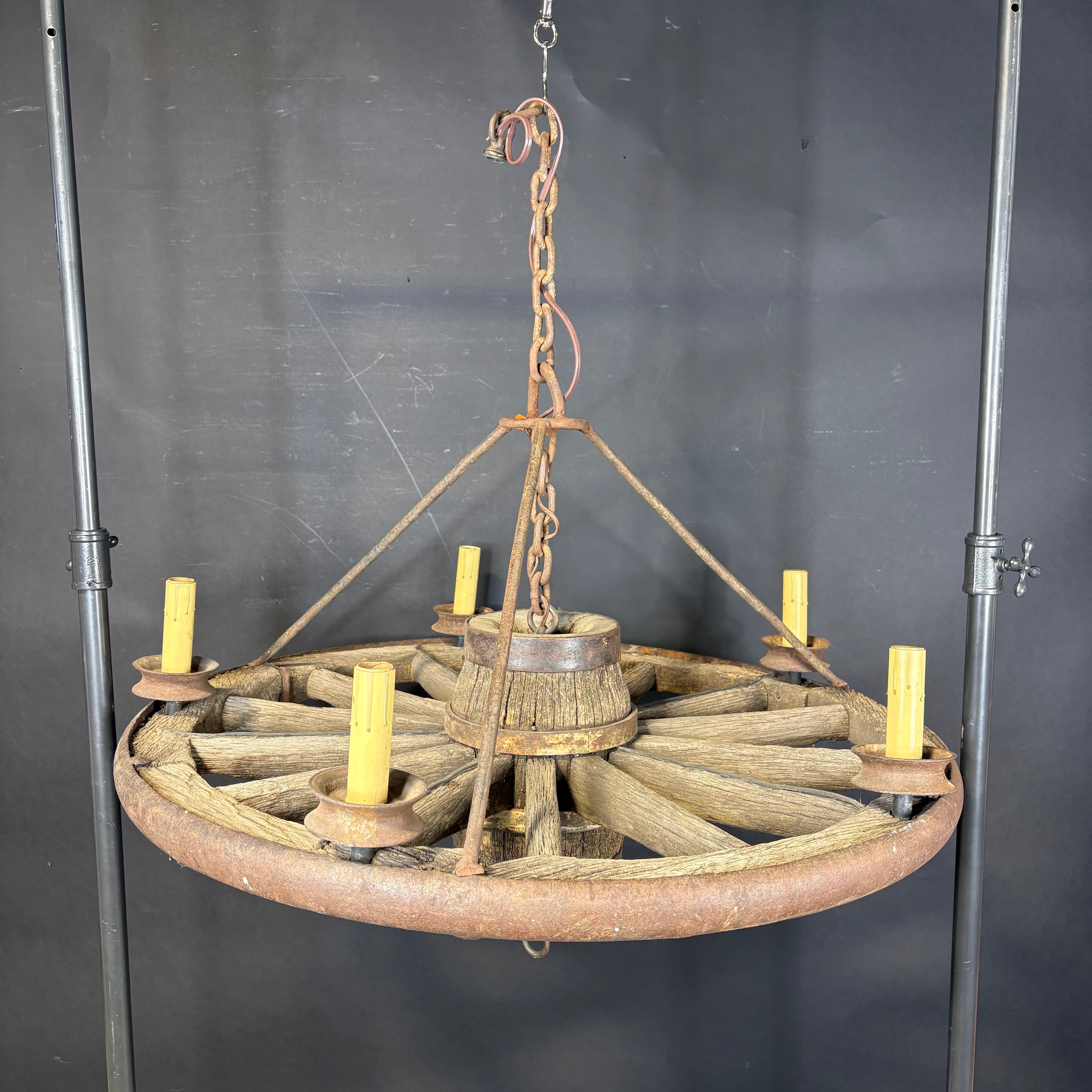 Antique 5-Light Wood and Iron Wagon Wheel Chandelier 37” Diameter x 45”