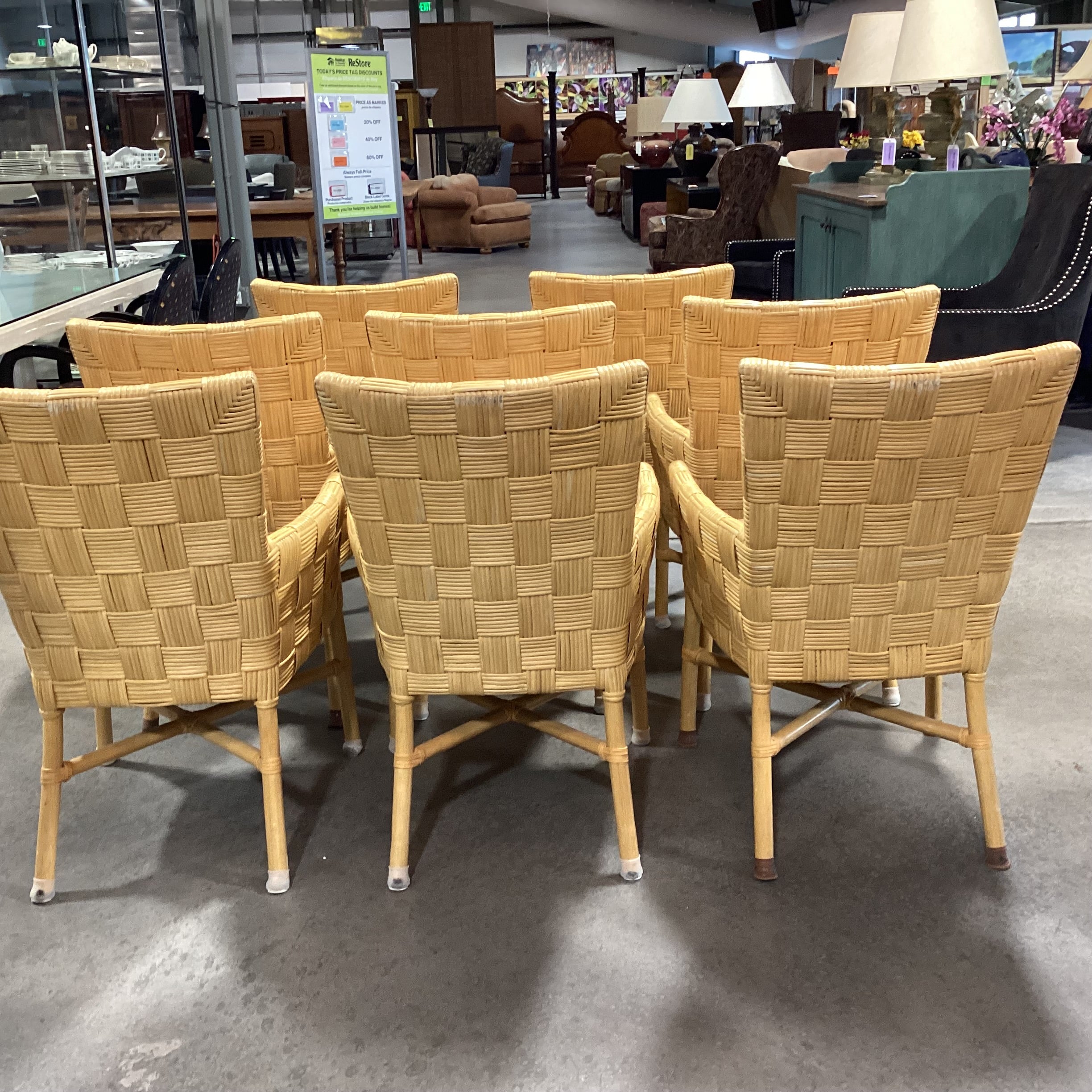 SET of 8 McGuire Style Square Basket Weave Rattan & Leather Strapping with Cushion Dining Chairs 24"x 26"x 36"