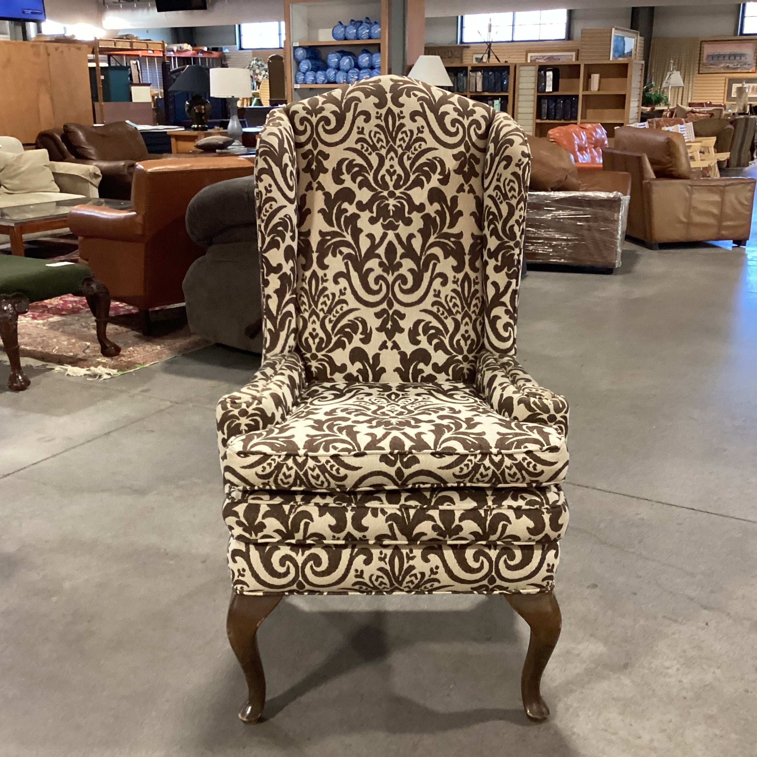 Custom Cream Brown Scroll Floral with Carved Legs Highback Wing Chair 30"x 30"x 50"