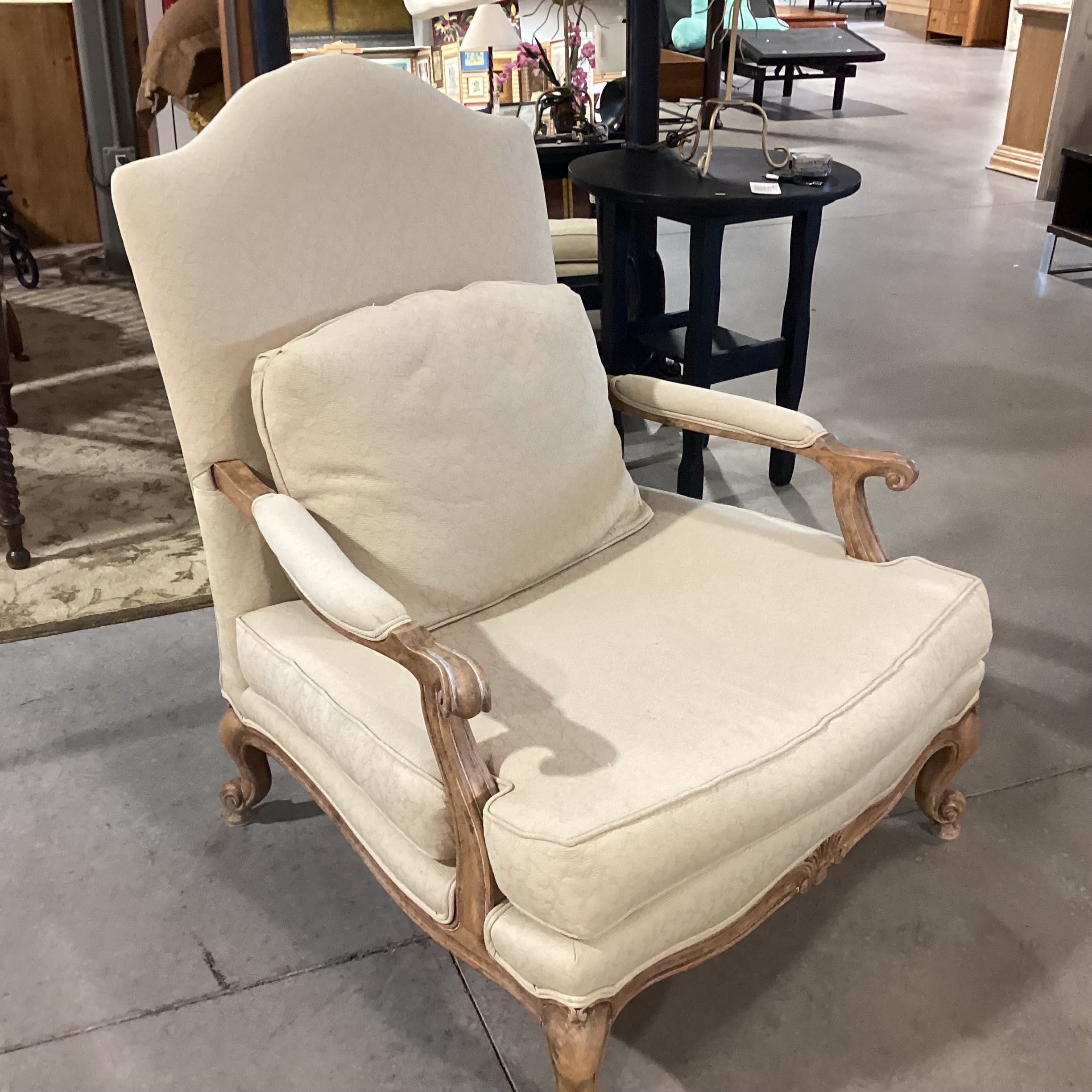 French Provincial Style Carved Antiqued Washed Wood & Wheat Raised Texture with Ottoman Chair 36"x 38"x 42"