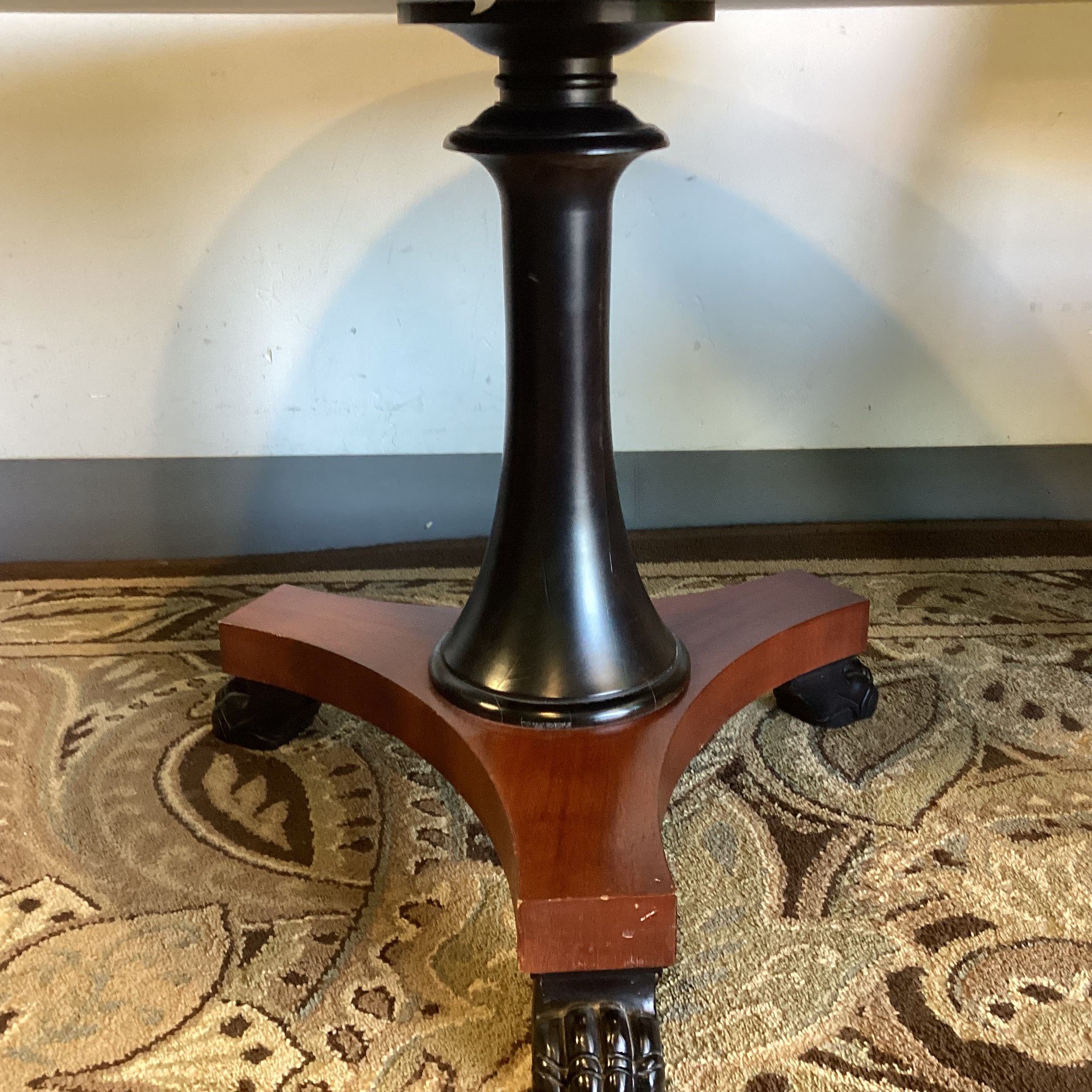 Ralph Lauren Round Black Marble Mahogany Pedestal with Carved Paw Feet Foyer Accent Table 38.5" Diameter x 28"