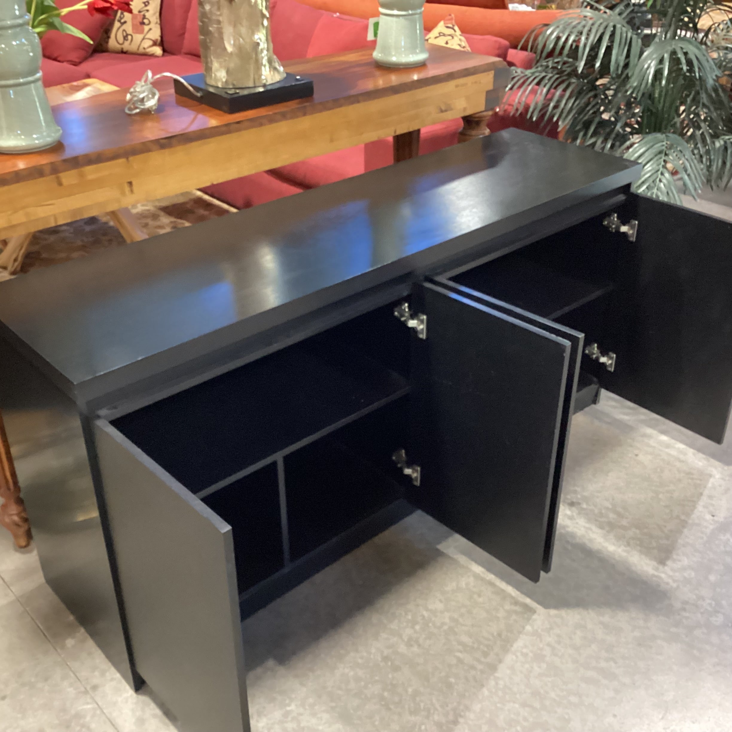 Ebony Finish Veneer 4 Door with Shelves Console Credenza 62.5"x 17.5"x 30"