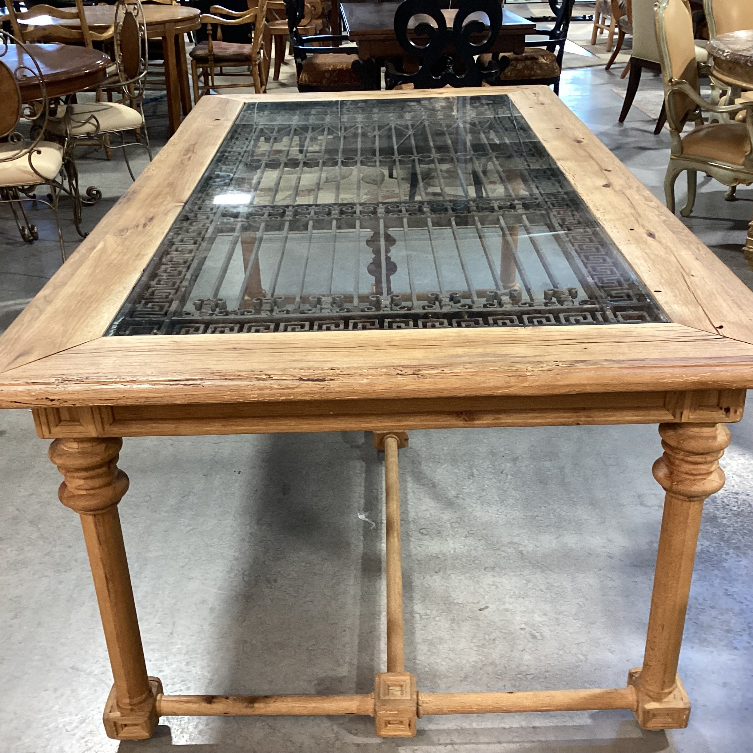 Antique Ornate Iron & Natural Carved Wood Dining Table 88"x 48"x 32"
