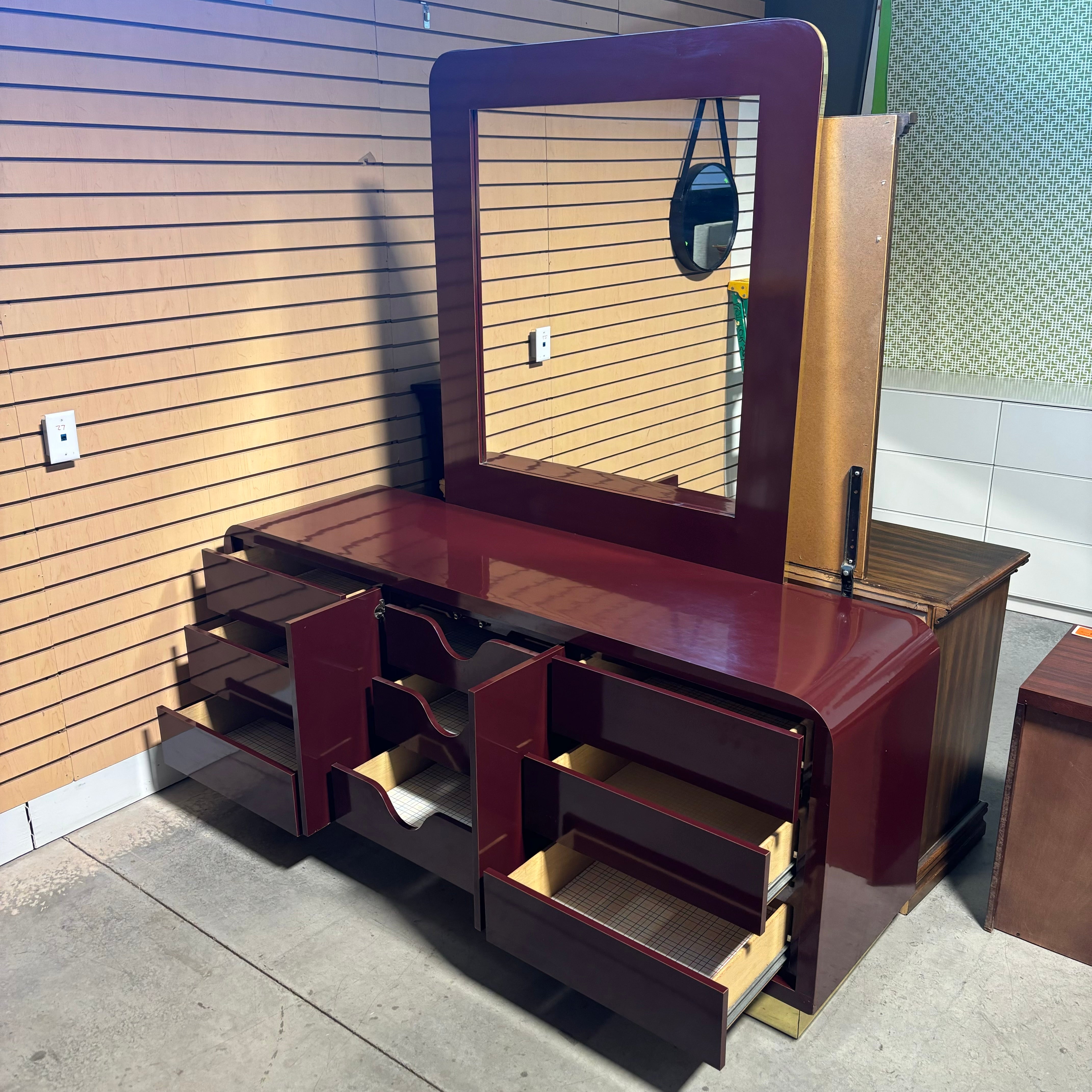 Maroon Lacquer Finish & Brass Finish Base 6 Drawer 2 Door with Mirror Dresser 71"x 20"x 76"