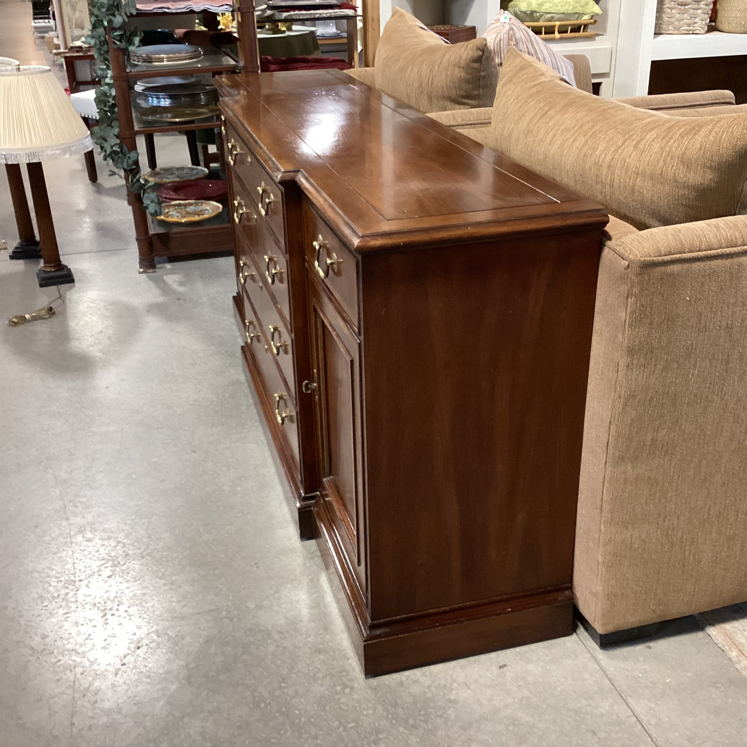 White Fine Furniture & Veneer with Finished Wood Brass Accents 6 Drawer 2 Door With Shelves Credenza 70.5"x 17.5"x 32.5"
