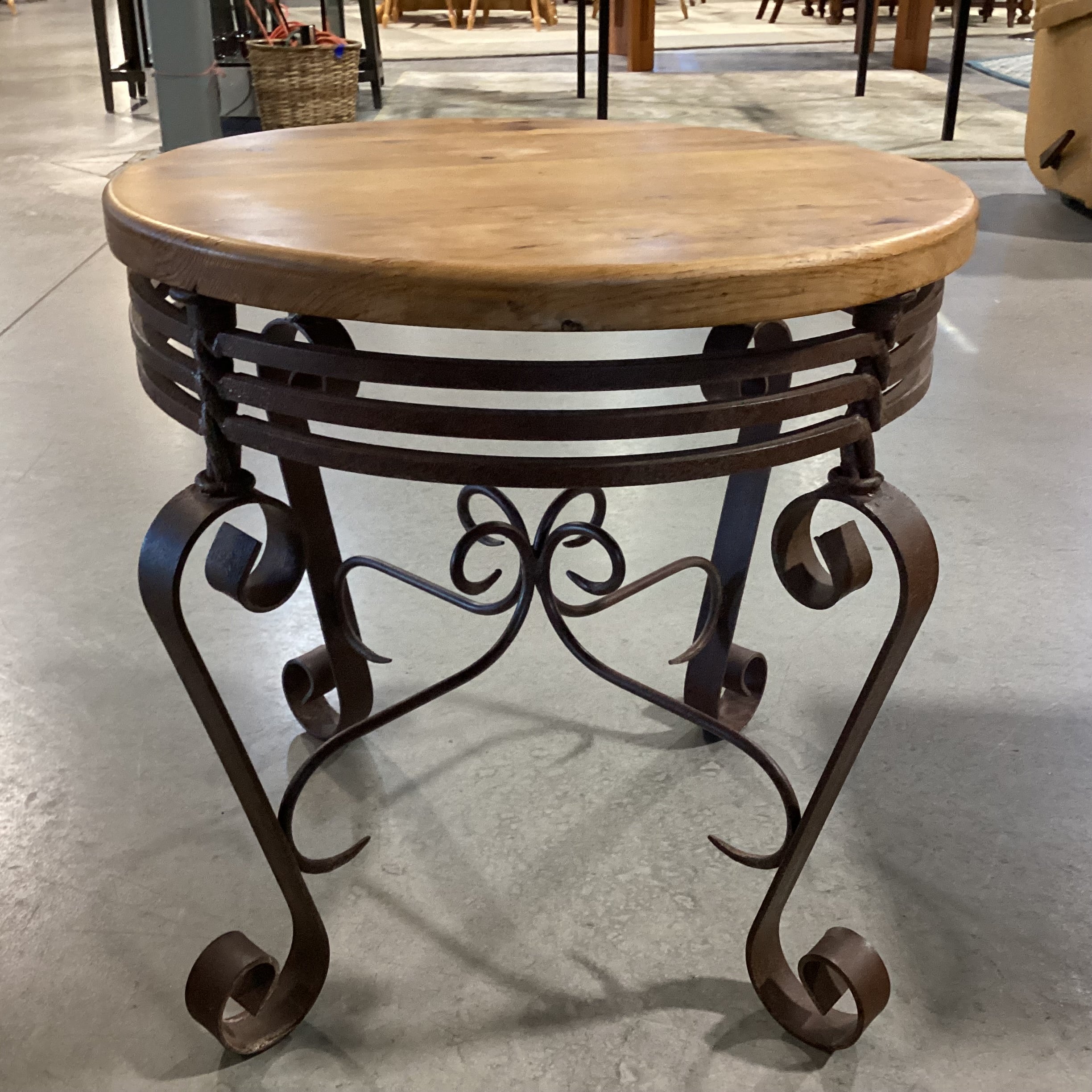Rustic Wrought Iron & Wood Round End Table 24" Diameter x 22"
