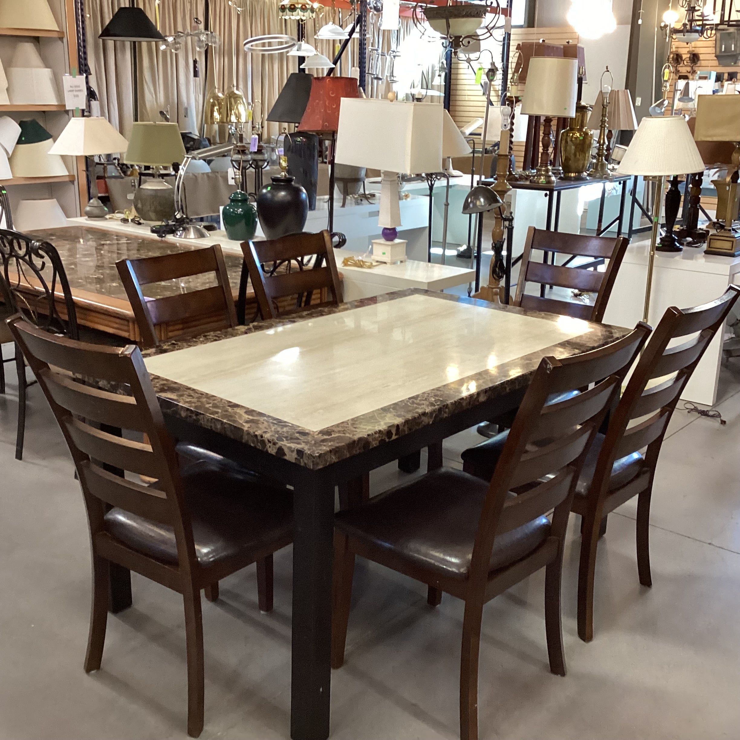 Dark Finish Wood & Faux Marble Table with 6 Faux Leather & Wood Chairs Dining Set 60"x 38"x 30.5"