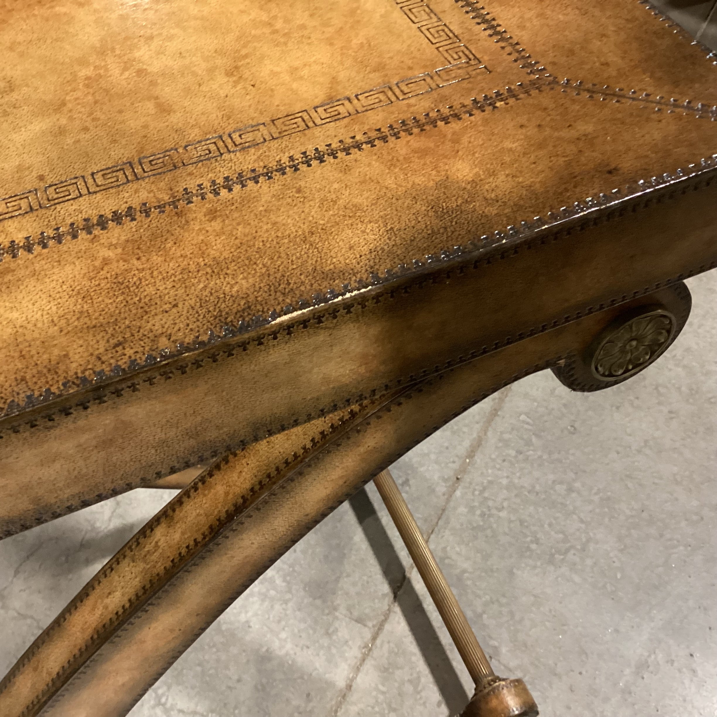 Kreiss Neoclassical Leather with Stitched Accent & X Base Antiqued Brass Stretches Console Sofa Table 40"x 18"x 32.5"