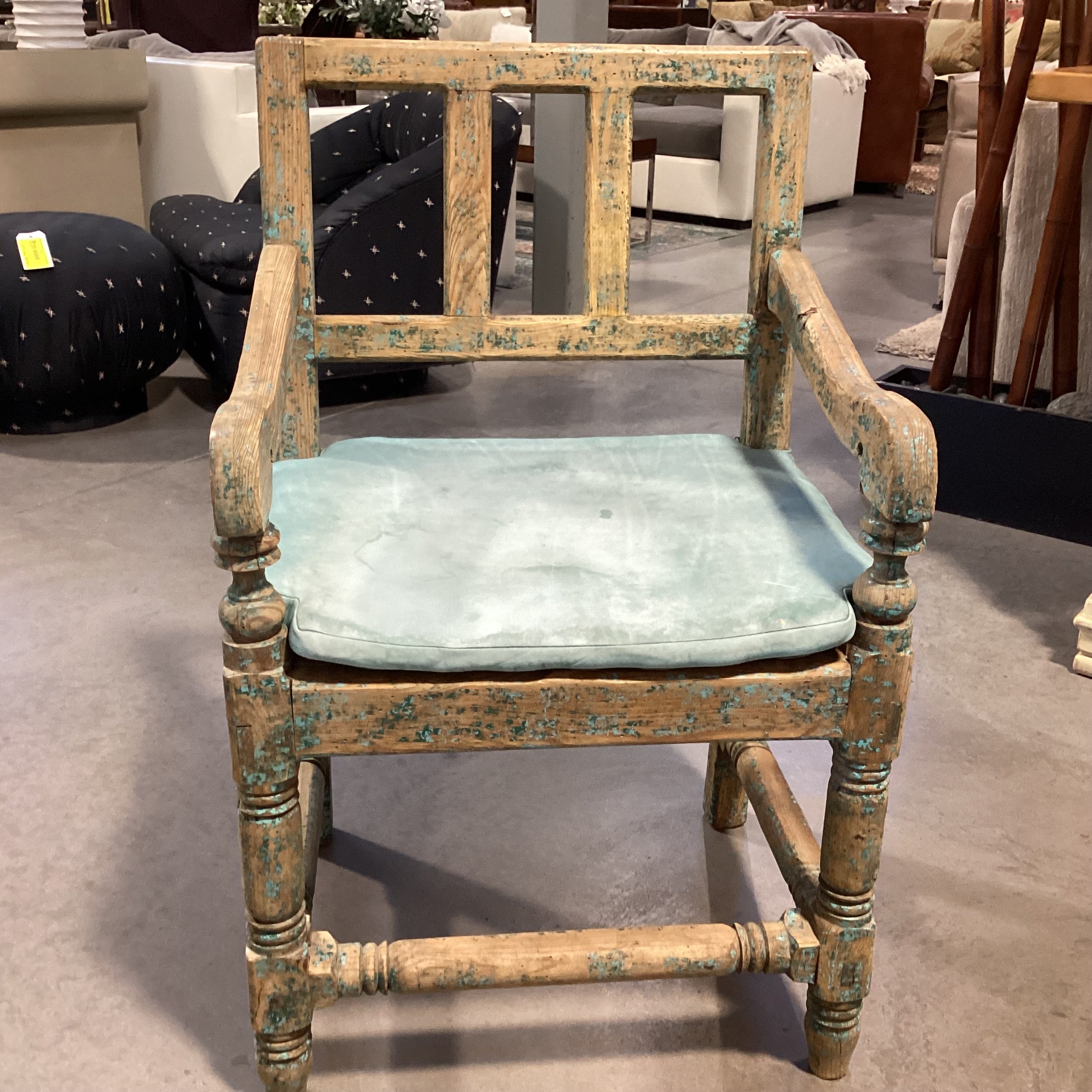 Santa Fe Style Carved Wood with Teal Distressing & Leather Cushion Chair 22.5"x 22"x 37"