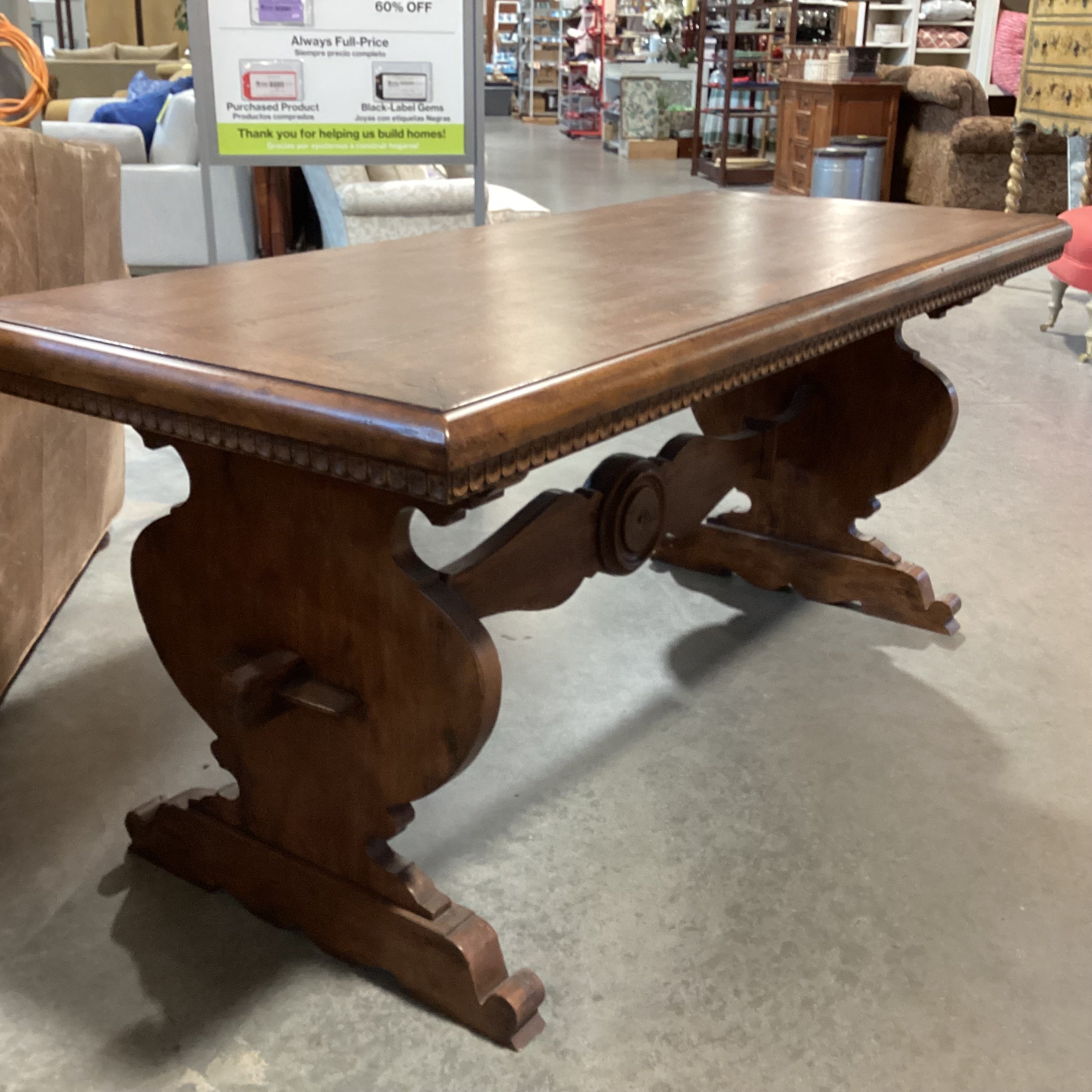 Distressed Finish Carved Wood with Dental Detail& Trestle Accent Table 70.5"x 30"x 30"