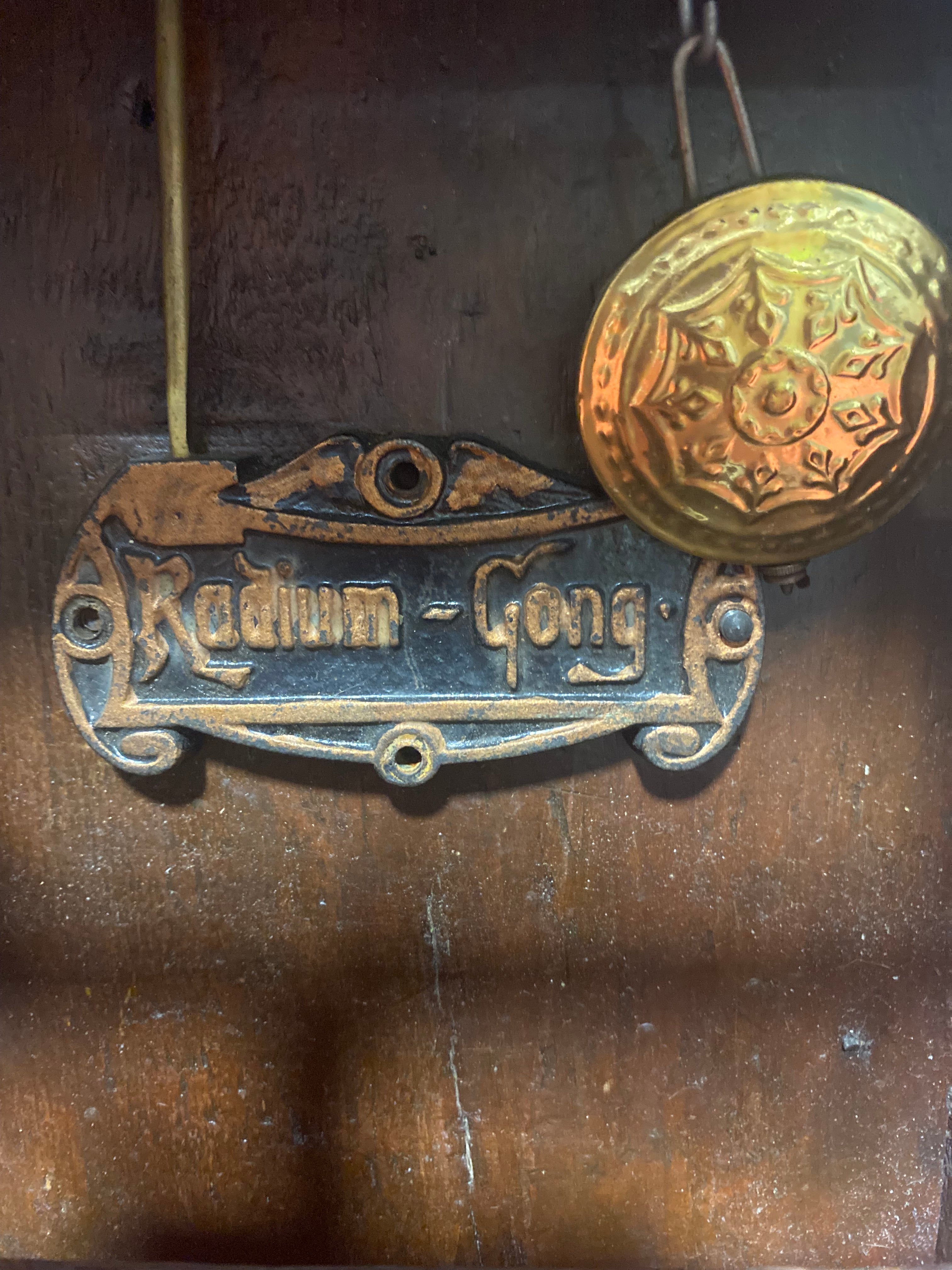 German Schlenker & Kienzle "Radium Gong" Drop Dial Inlay Banded Wall Clock with Key 17"x 28"x 5"