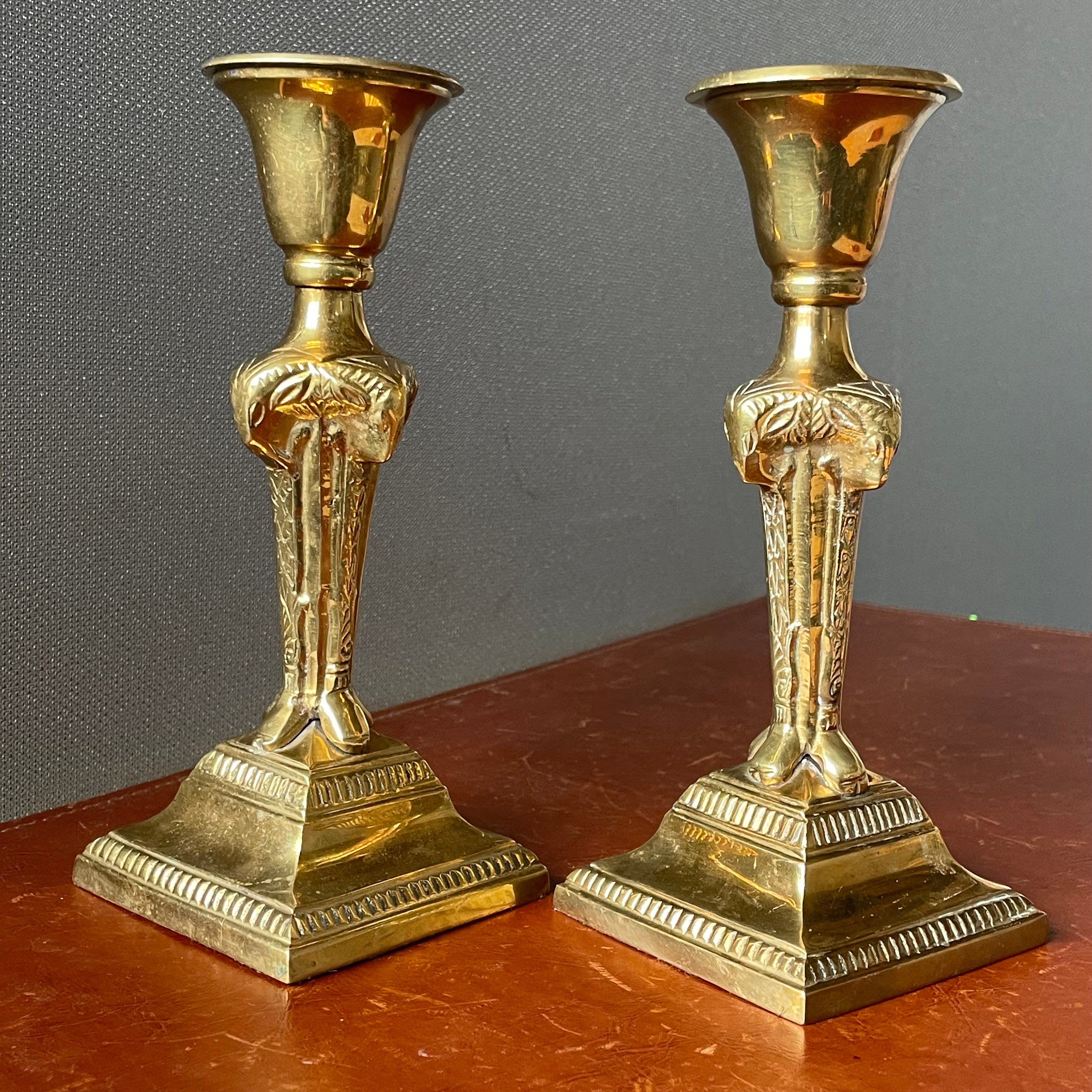 Vintage Hollywood Regency Style Art Deco Revival Brass Ramshead Candleholders, Pair, 3.5"x 8"