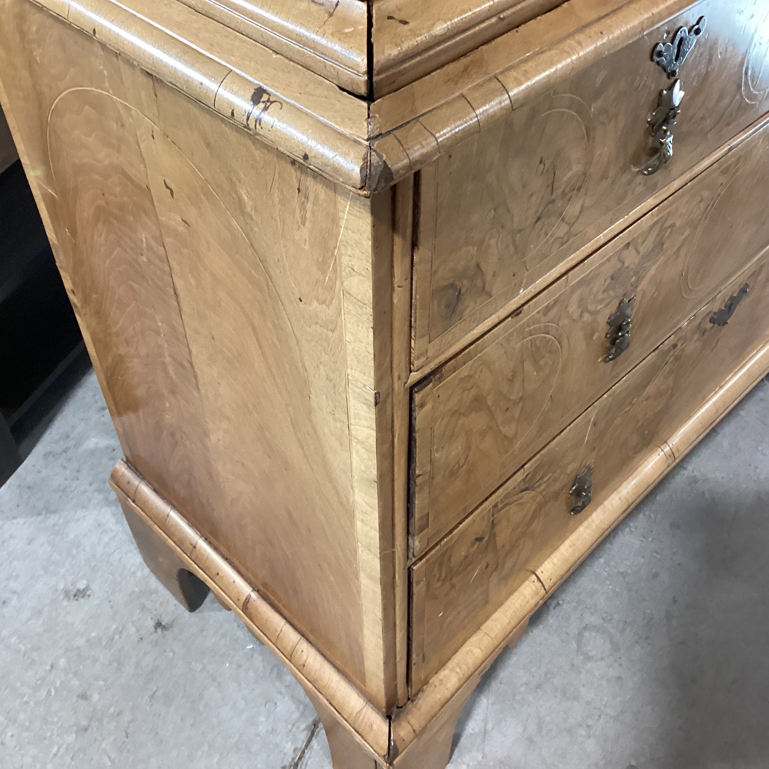 Antique English Burr Walnut Veneer Inlay & Brass Ornate Pulls 18 Drawer 2 Door 2 Piece Cabinet Chest 41"x 18"x 66"