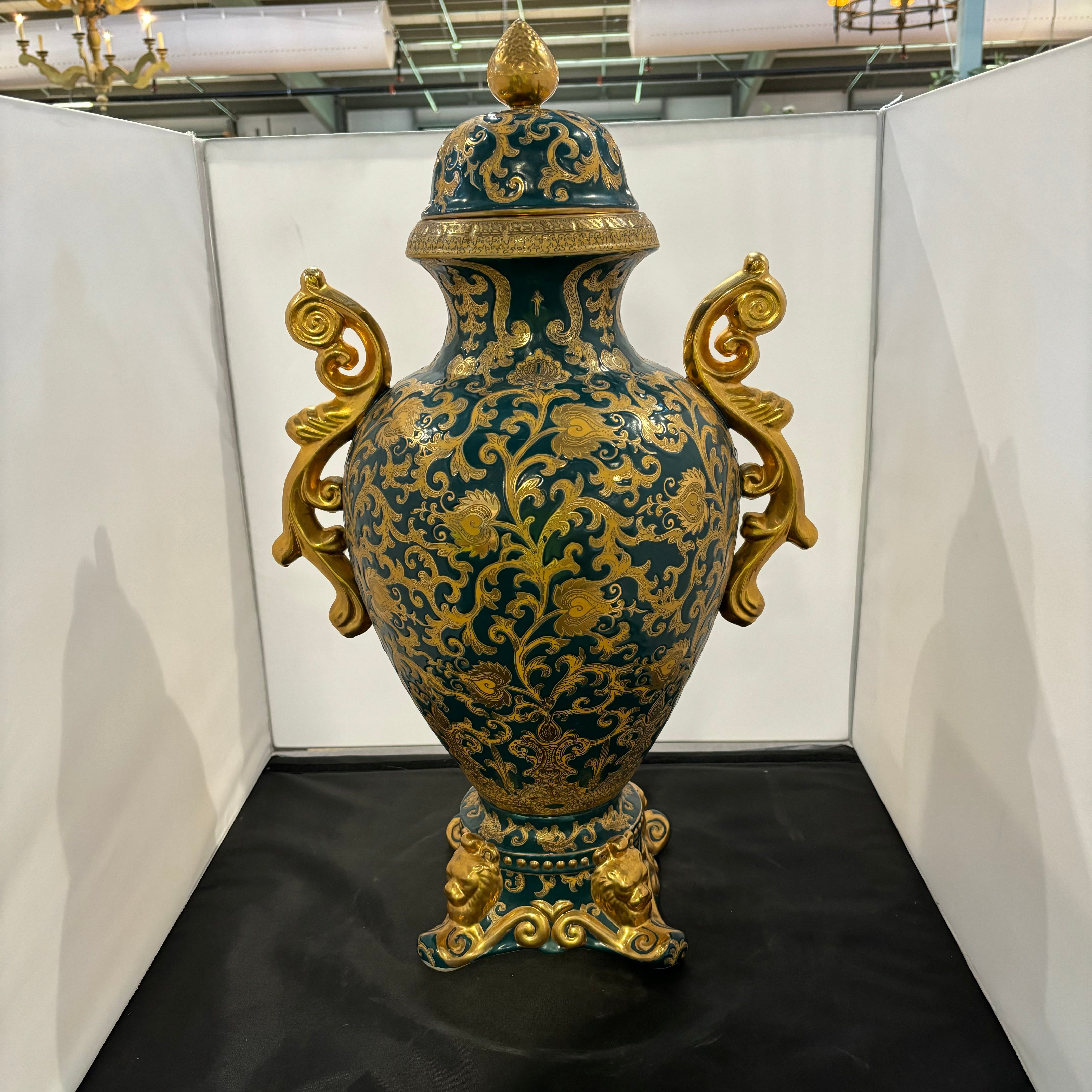 Chinese Turquoise/Gold Accent Vase 15.5"x 12"x 26"