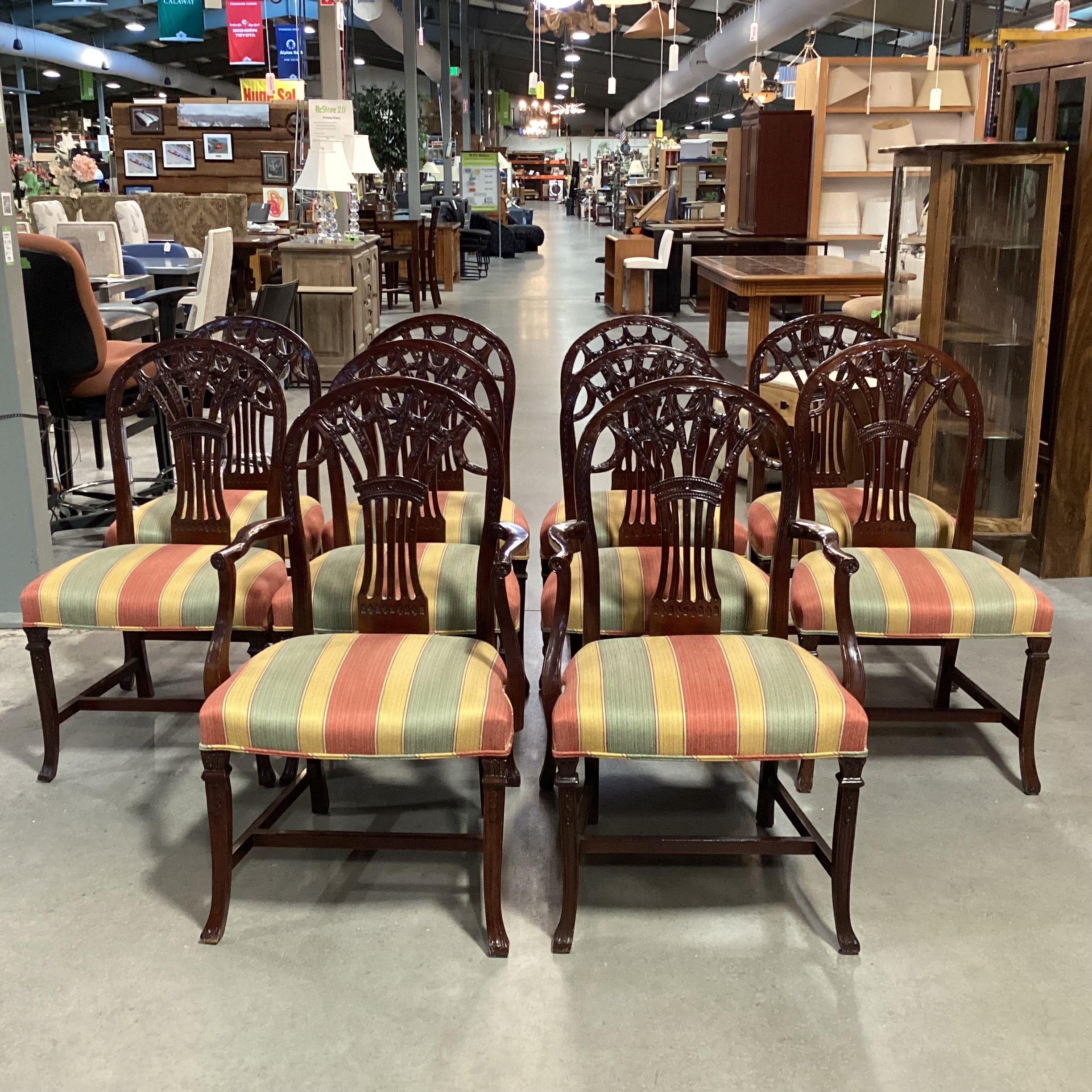 SET of 10 Ornate Carved Finished Wood & Gold Burnt Orange Sage Woven Stripe Dining Chairs 22"x 22"x 39"