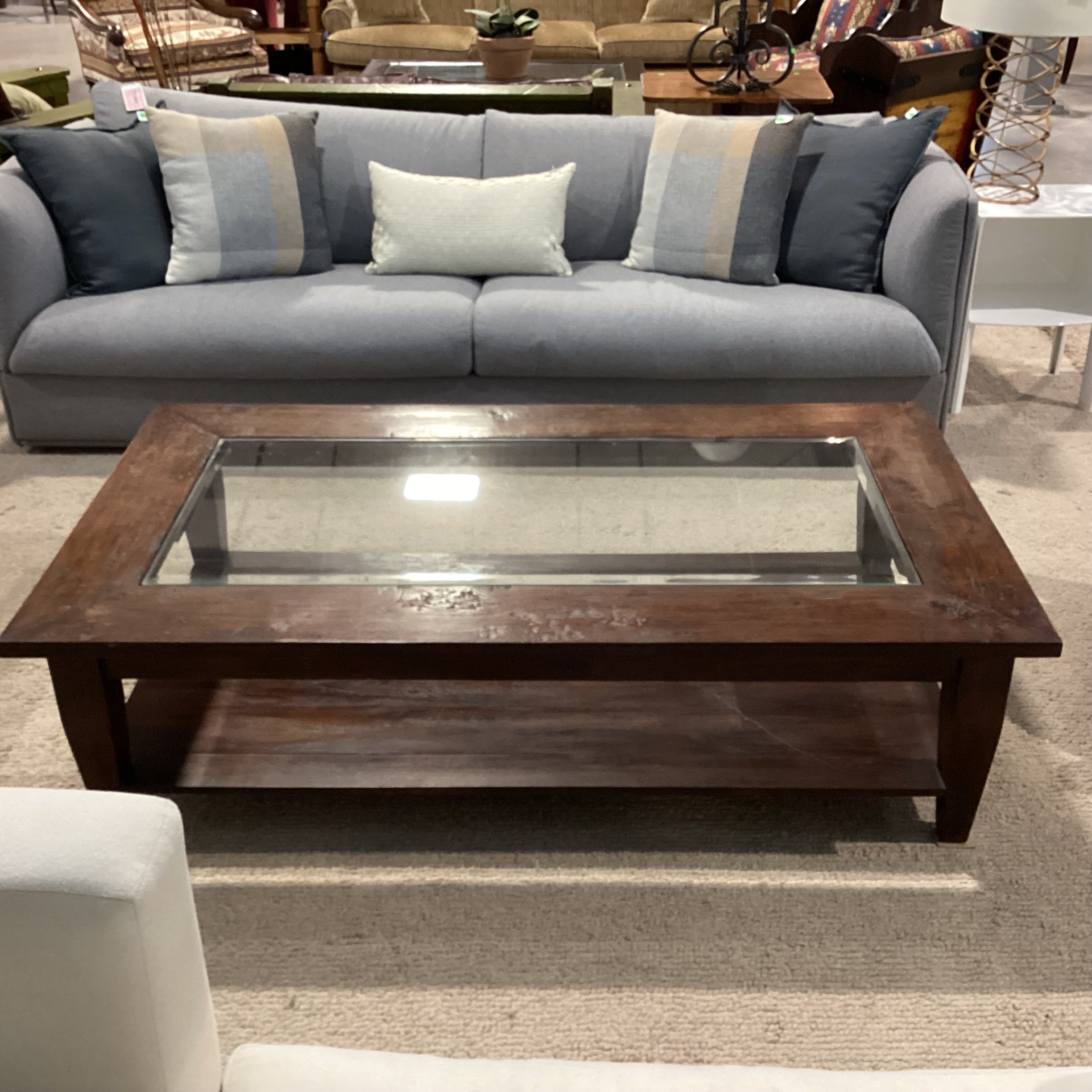 Dark Distressed Solid Wood with Glass Inset Top Coffee Table 63"x 35"x 18"