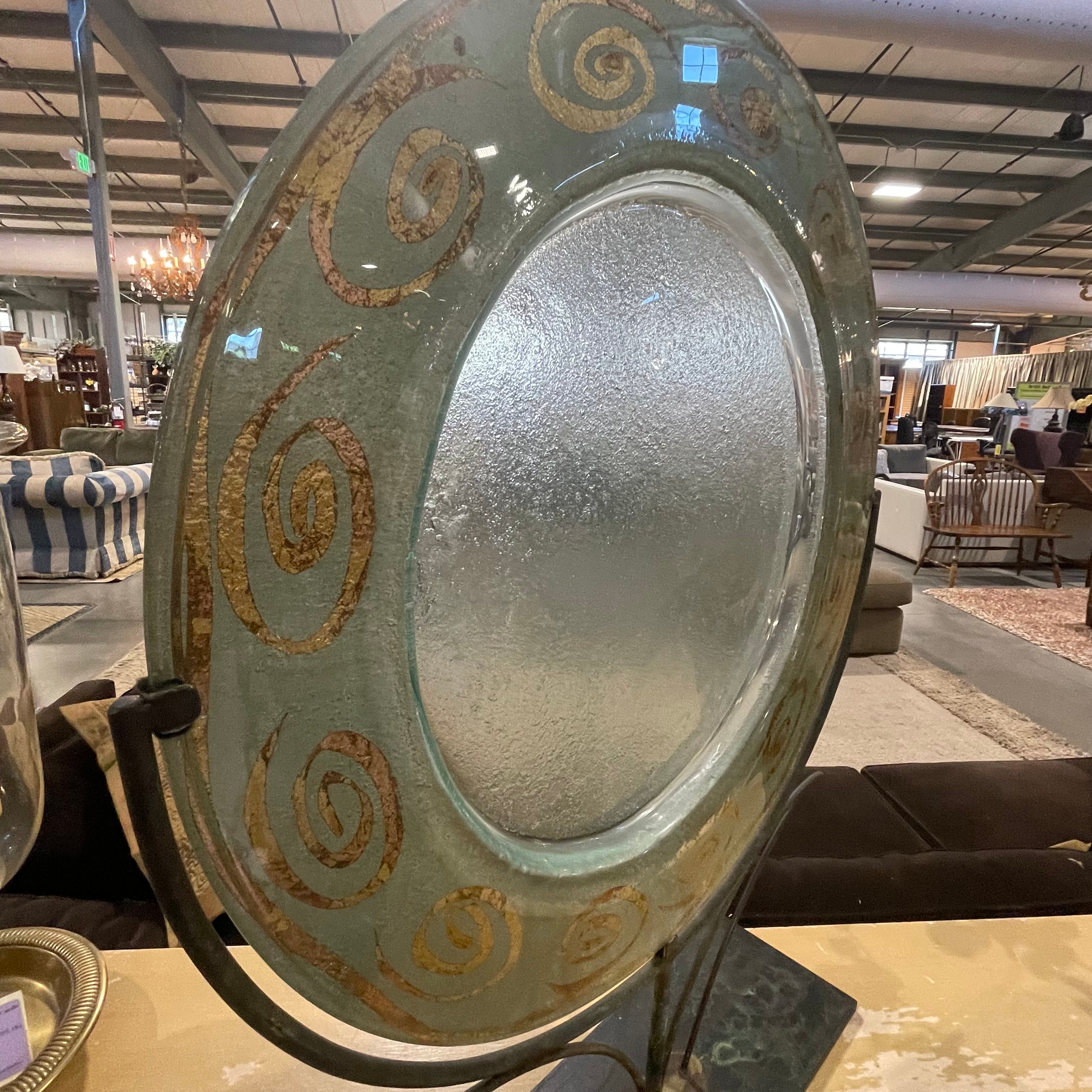 Tony Evans Signed Hand Blown, Handpainted Art Glass Gold Swirls on Turquoise Rim Charger  with Heavy Modern Iron Stand/Pedestal, 24"x 29.5"