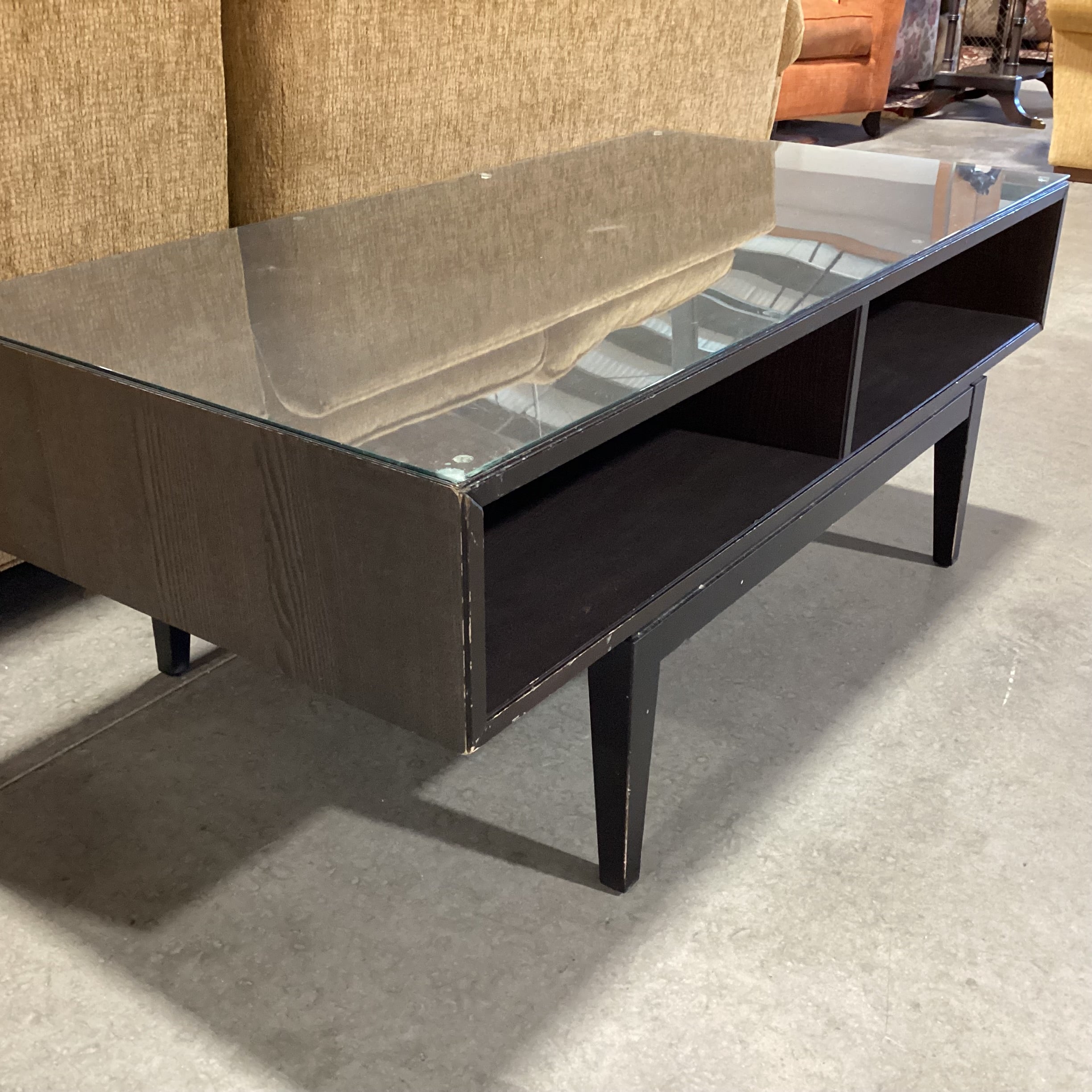 Mid Century Style Dark Wood & Veneer 2 Cubby Glass Top Coffee Table 46.5"x 23.5"x 18.5"