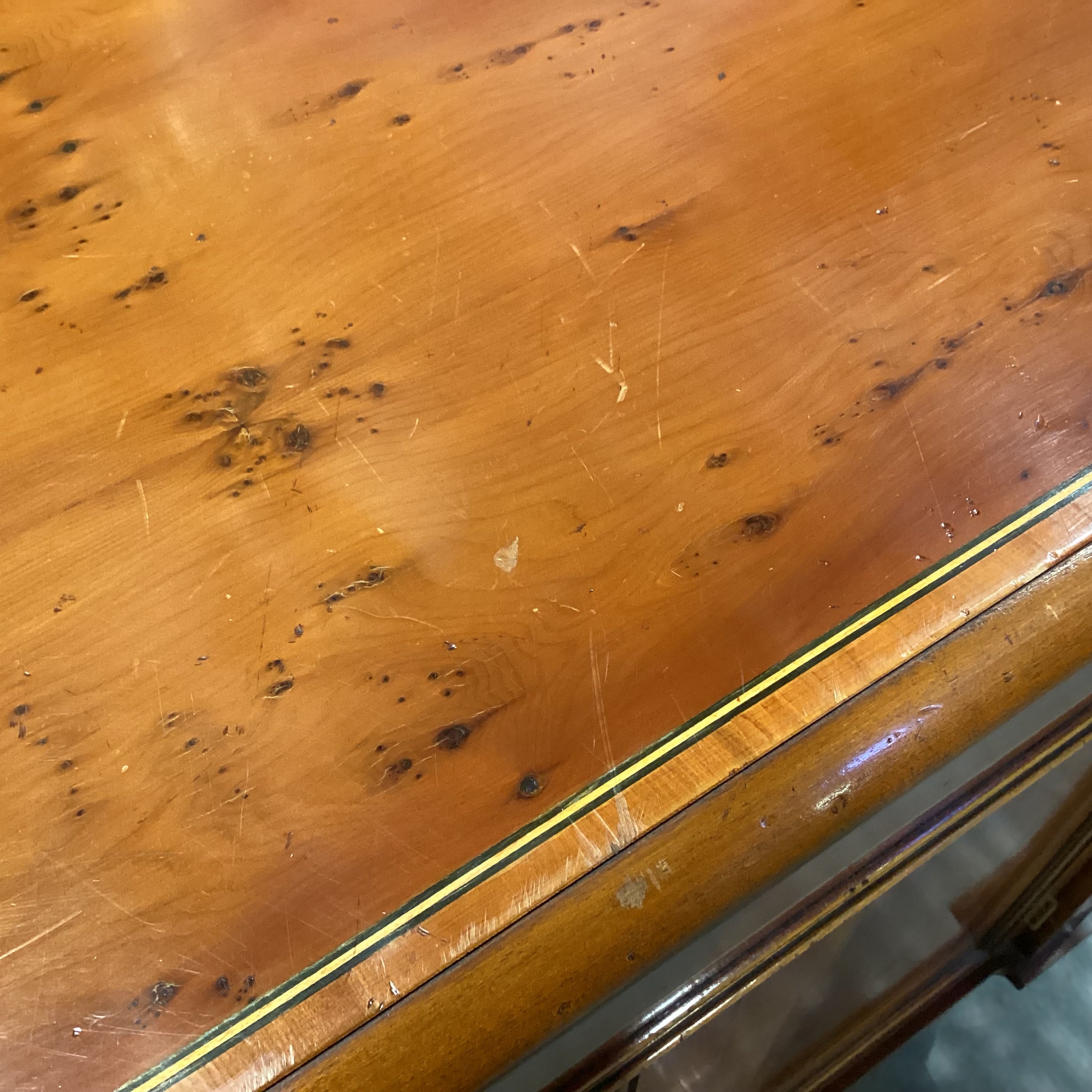 Antique Inspired Bow Front Burl or Birdseye Veneer & Decorative Inlay Lines 2 Door with Drawer Console 48"x 15.5"x 38.5"