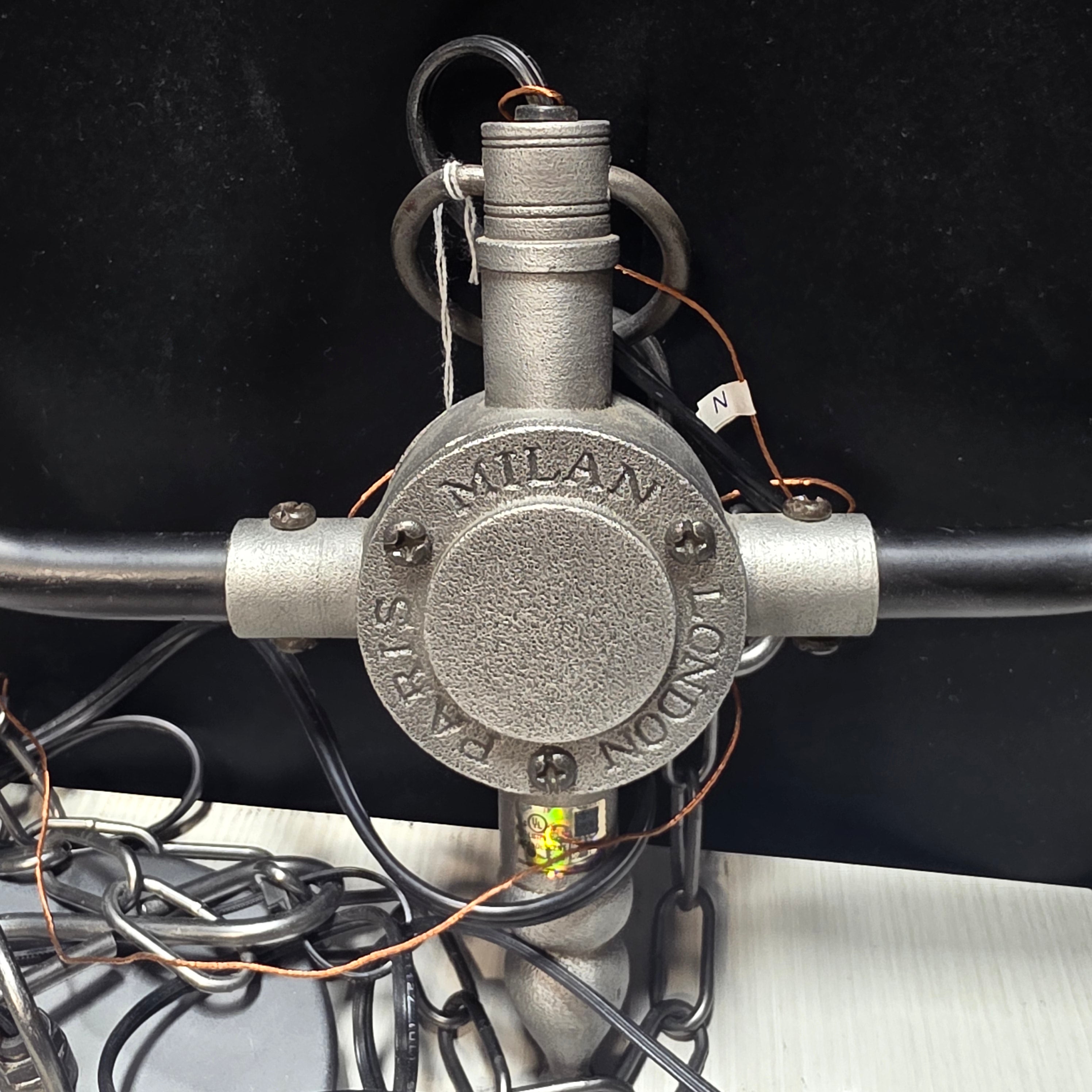 Industrial Steampunk "Milan, London, Paris" Two Light Chandelier Housing Glass Globes 26"x9"x13"