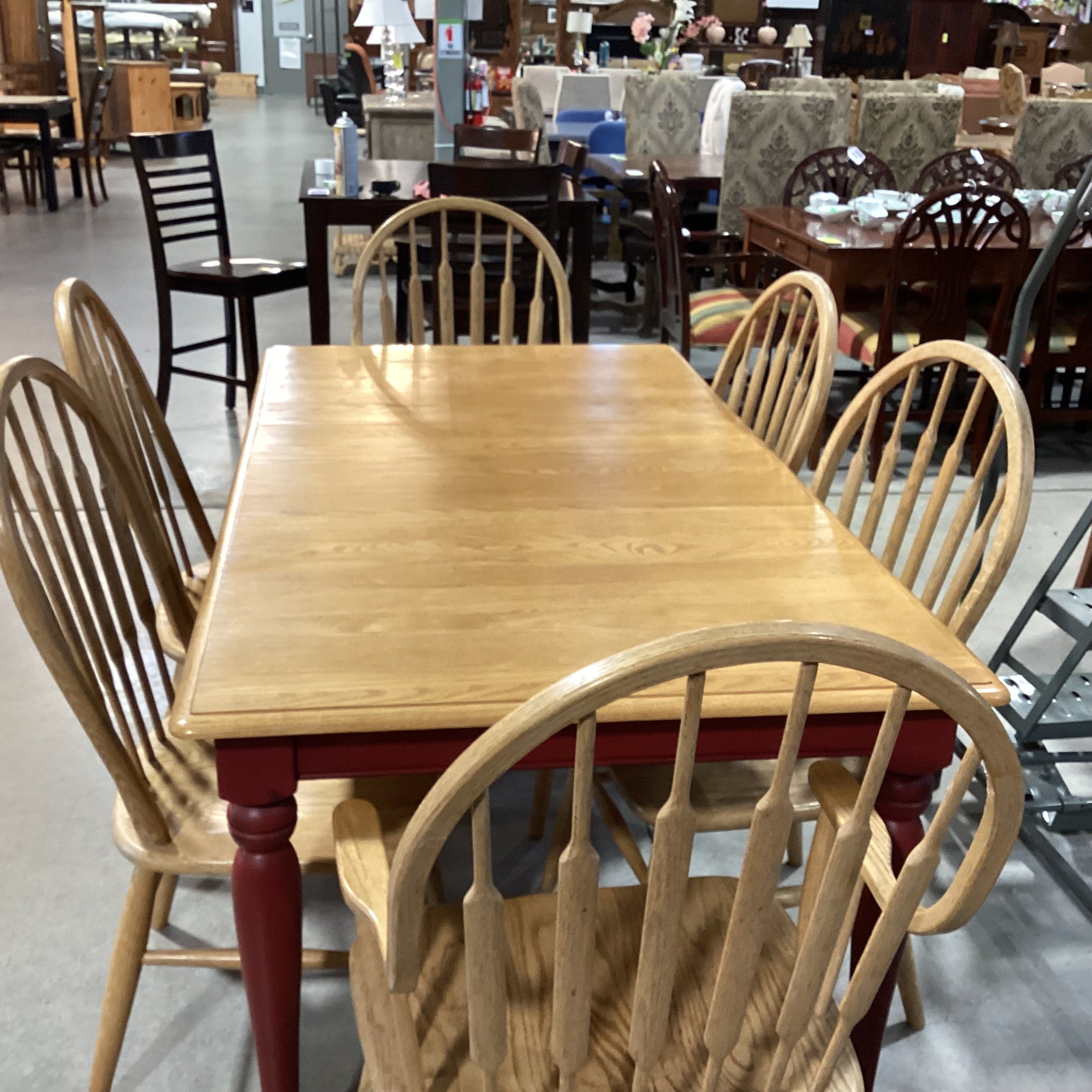 Country Oak & Red Legs 1 Leaf Table with 6 Oak Chairs Dining Set 66.5"x 36.5"x 30"
