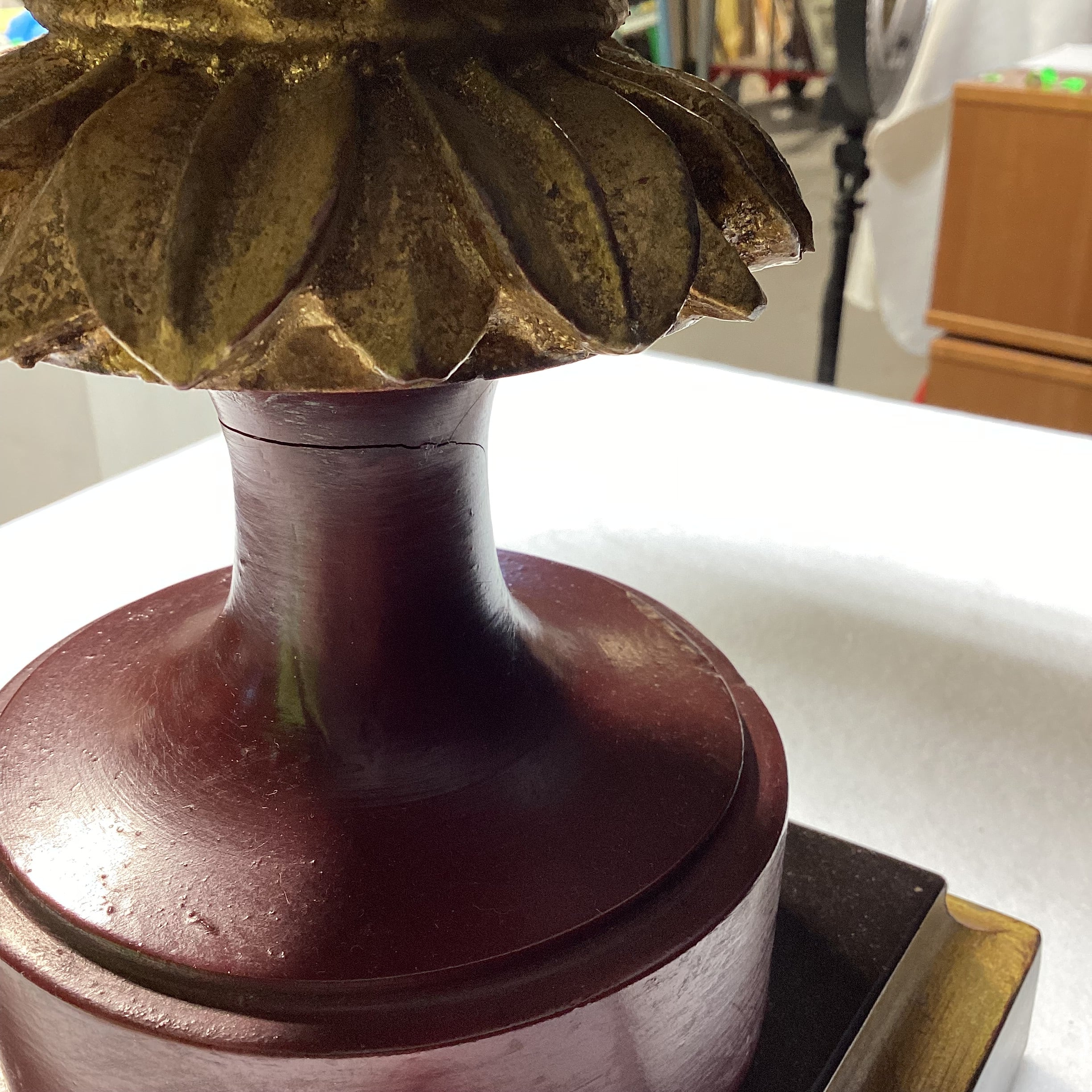 Red Neoclassical Style Table Lamp With Gold Accents And Shade 18" x 33" x 7"