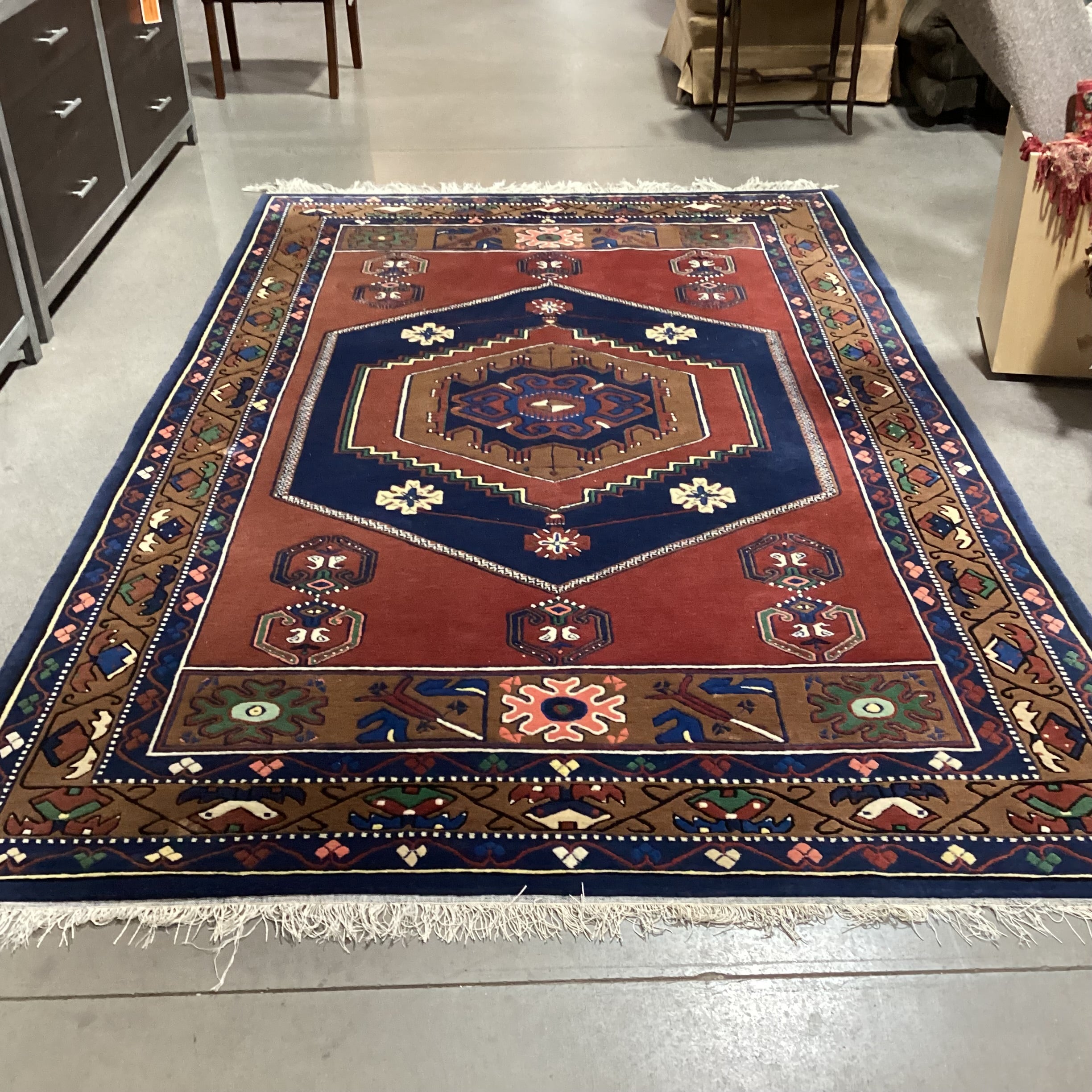 Red Blue Golden Brown Hand Woven Wool Rug 6'2"x 10'6"