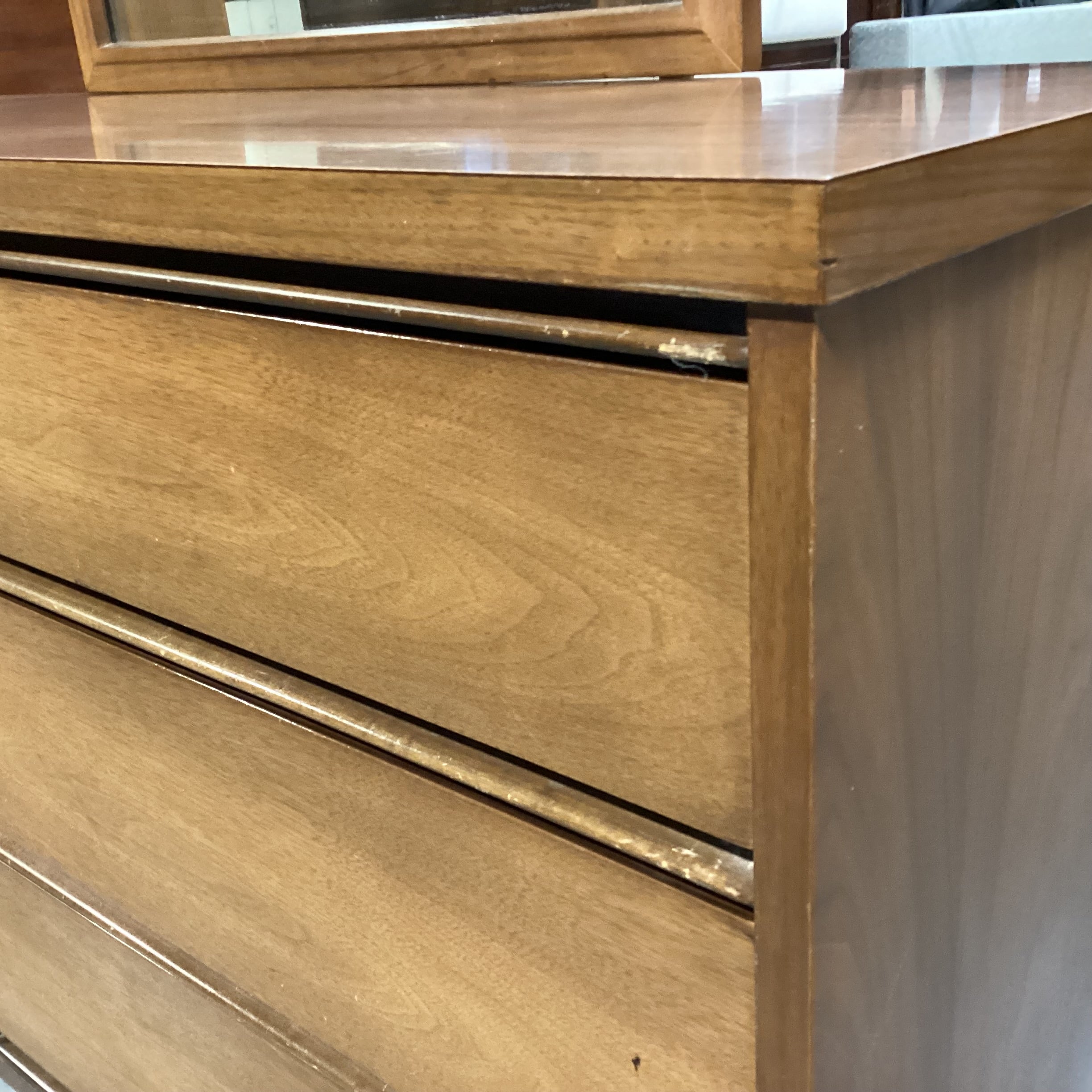 Mid Century Walnut & Veneer 6 Drawer with Mirror Dresser 52"x 18"x 72"