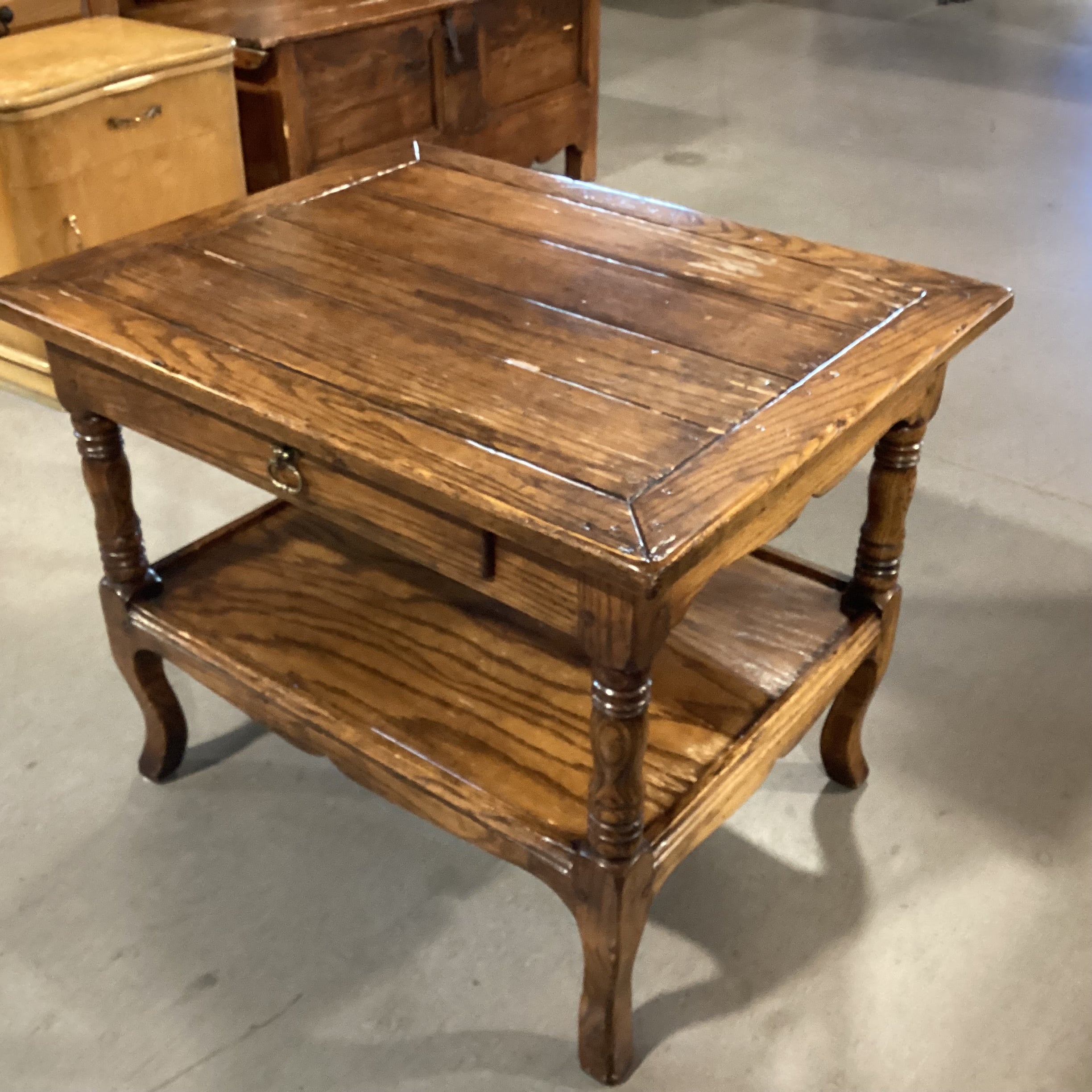 Distressed Finish Carved Oak 1 Drawer & Shelf End Table 30"x 24"x 24"