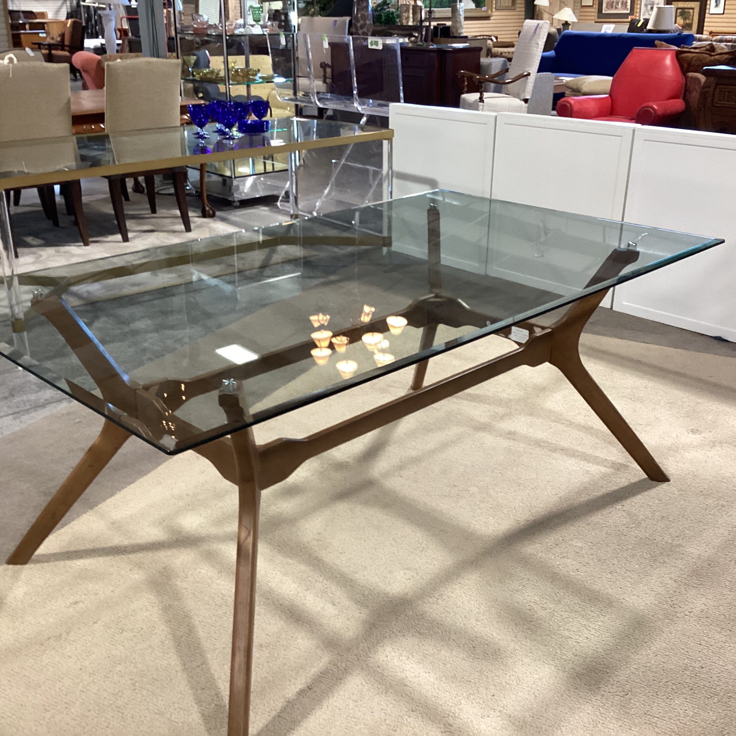 Mid Century Style Wood Base & Glass Dining Table 72"x 42"x 29.5"