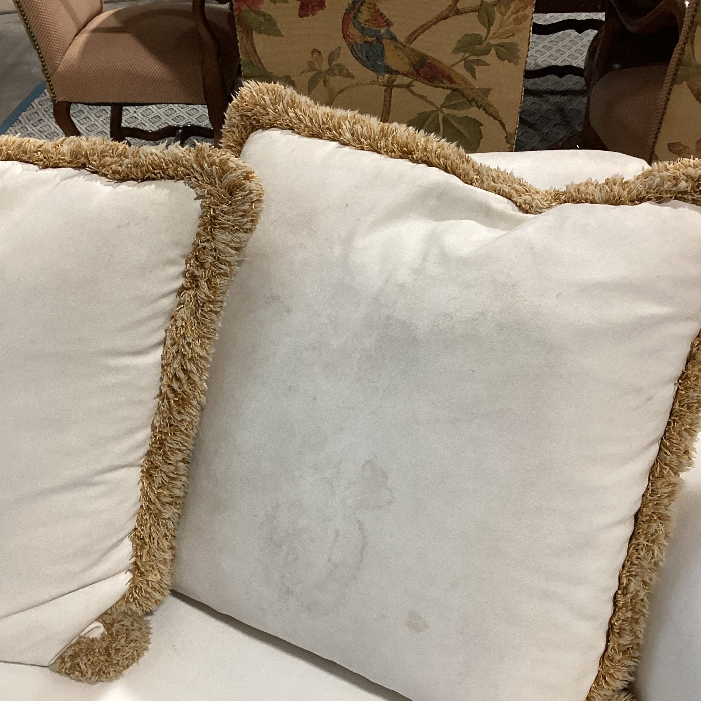 Custom Cream with Gold Tan Fringe Down Mix Roll Arm Sofa 85"x 40"x 31"