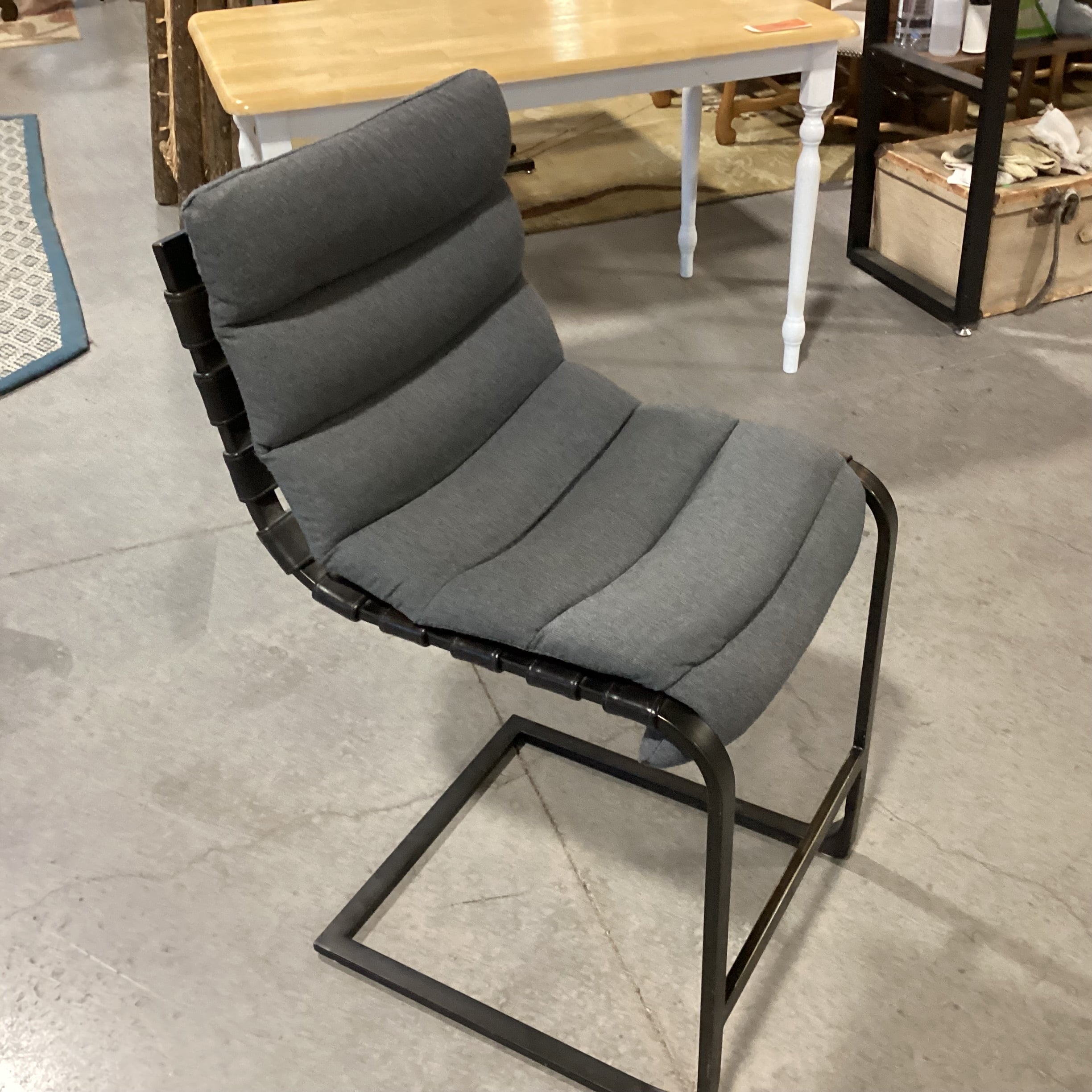 Restoration Hardware Black Metal & Leather Strapped with Grey Cushion Barstool 25"