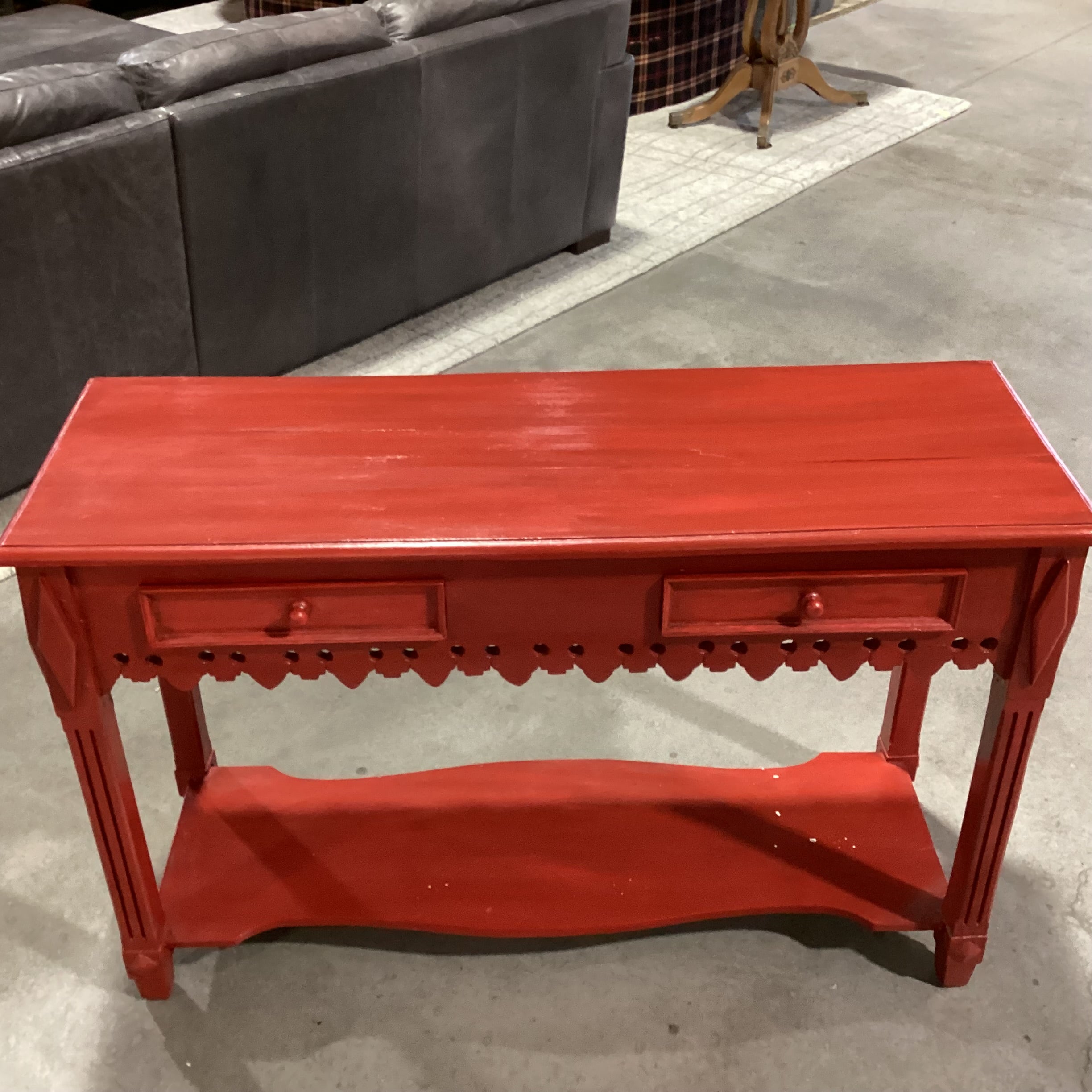 Red Finished Carved Wood 2 Drawer with Bottom Shelf Sofa Table 47"x 17"x 30"
