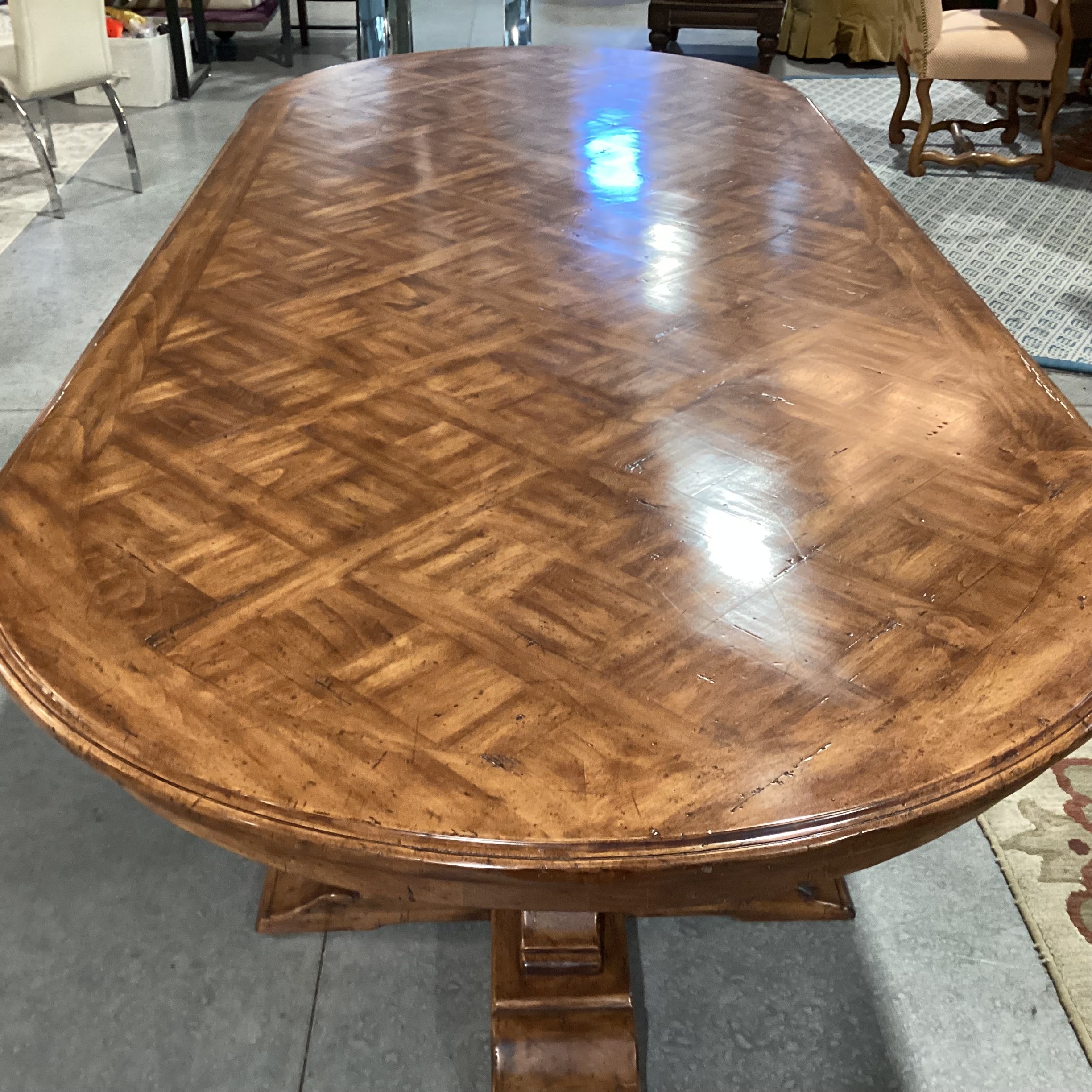 Oval Lattice Inlay with Double Pedestal Dining Table 108"x 46"x 30"