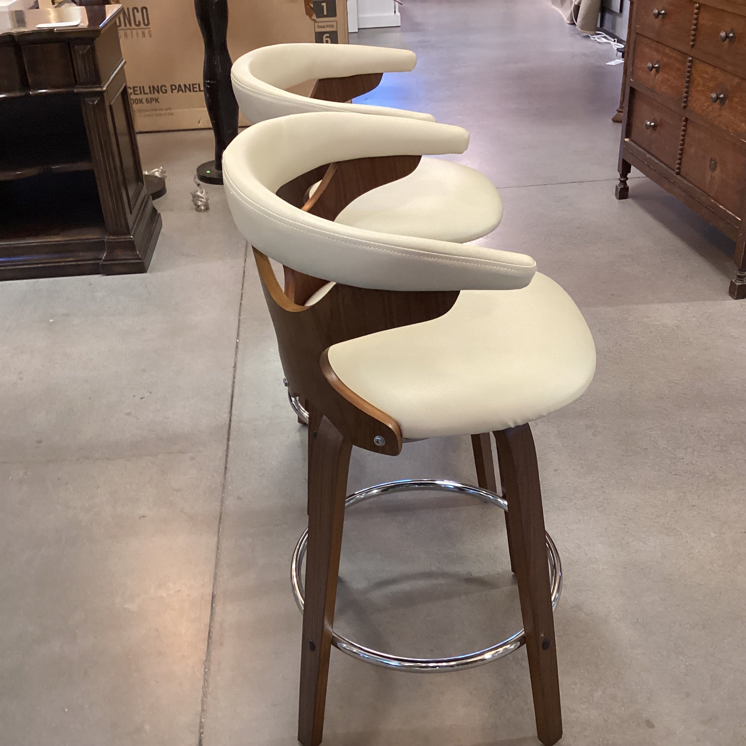 SET of 2 Lumisource Gardenia Mid Century Style Faux Cream Leather & Wood Barstools 25"