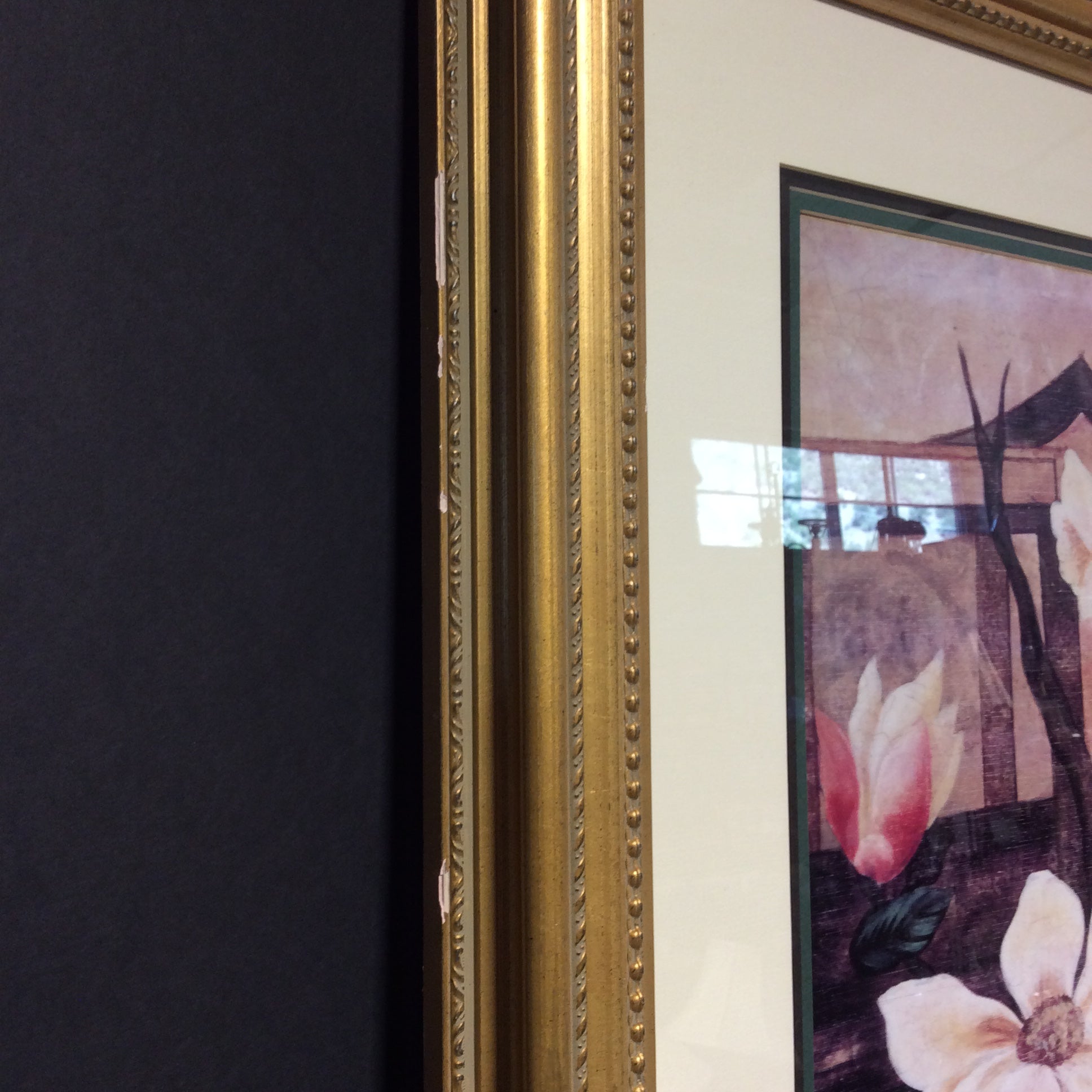 Japanese Floral Arrangement Print In Gold Plexiglass Frame 57" x 42"