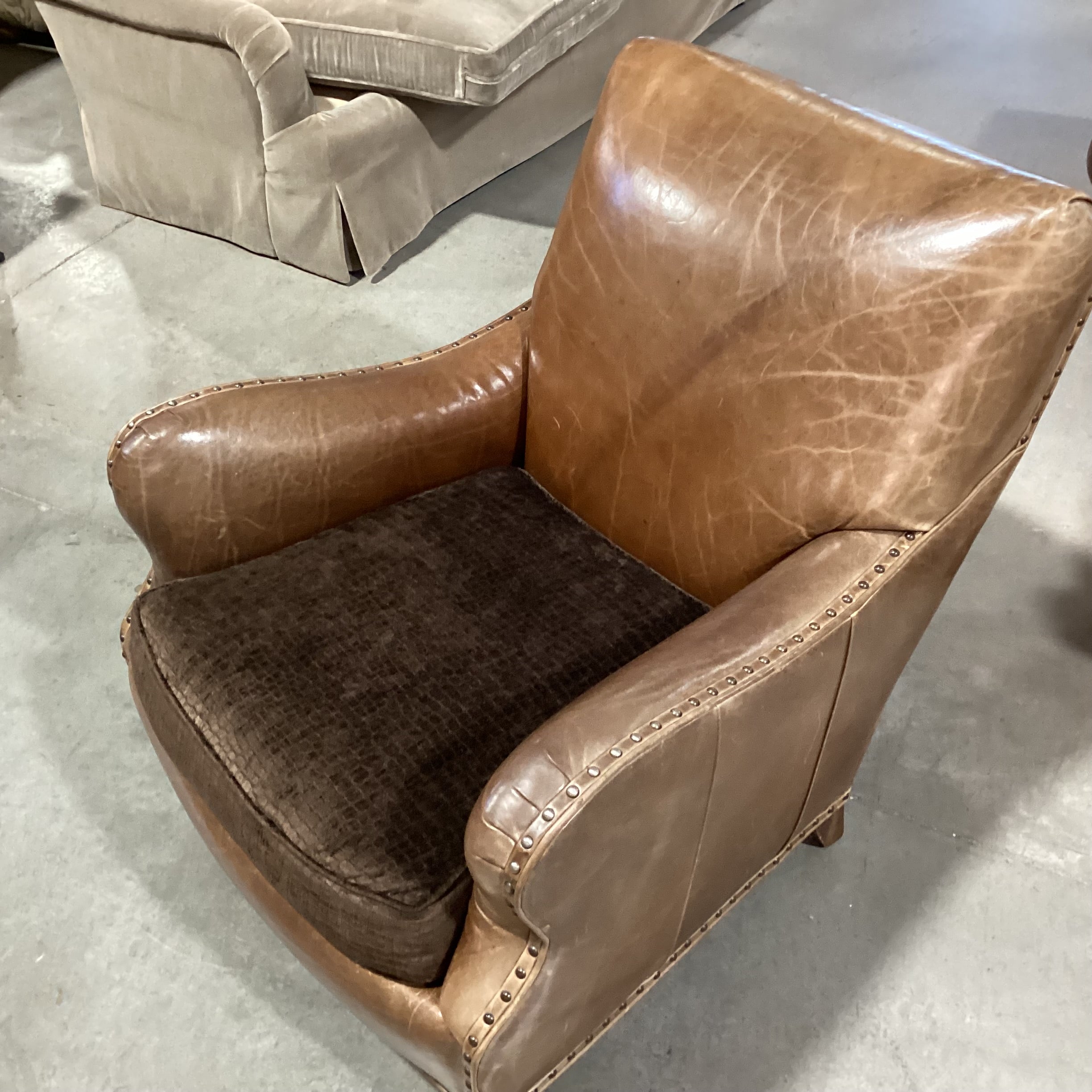 Westley Hall Collection Distressed Leather Nailhead with Brown Upholstered Seat Cushion Chair 31"x 38"x 34"