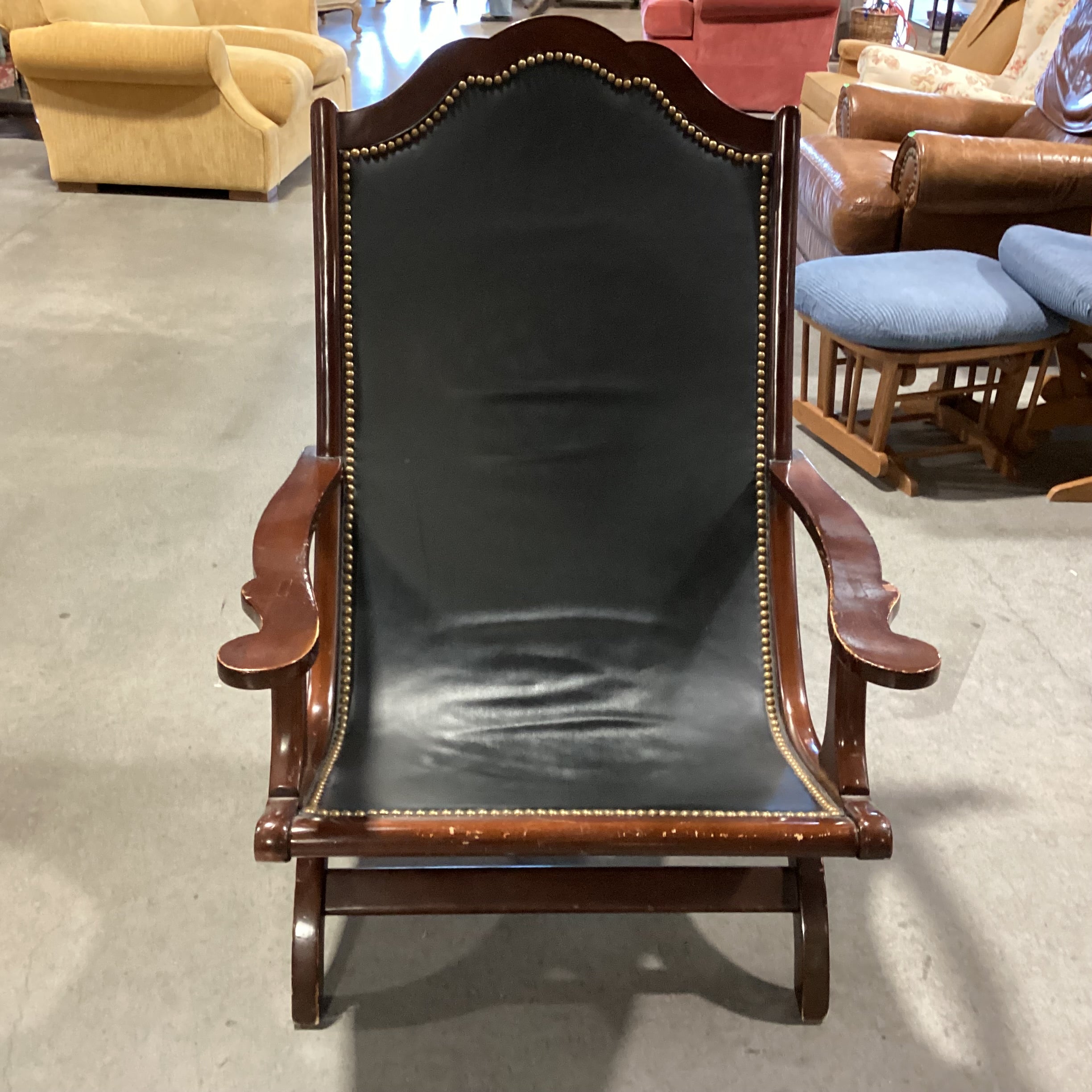 Black Leather Nailhead & Carved Wood Plantation Style Chair 27"x 30"x 40"
