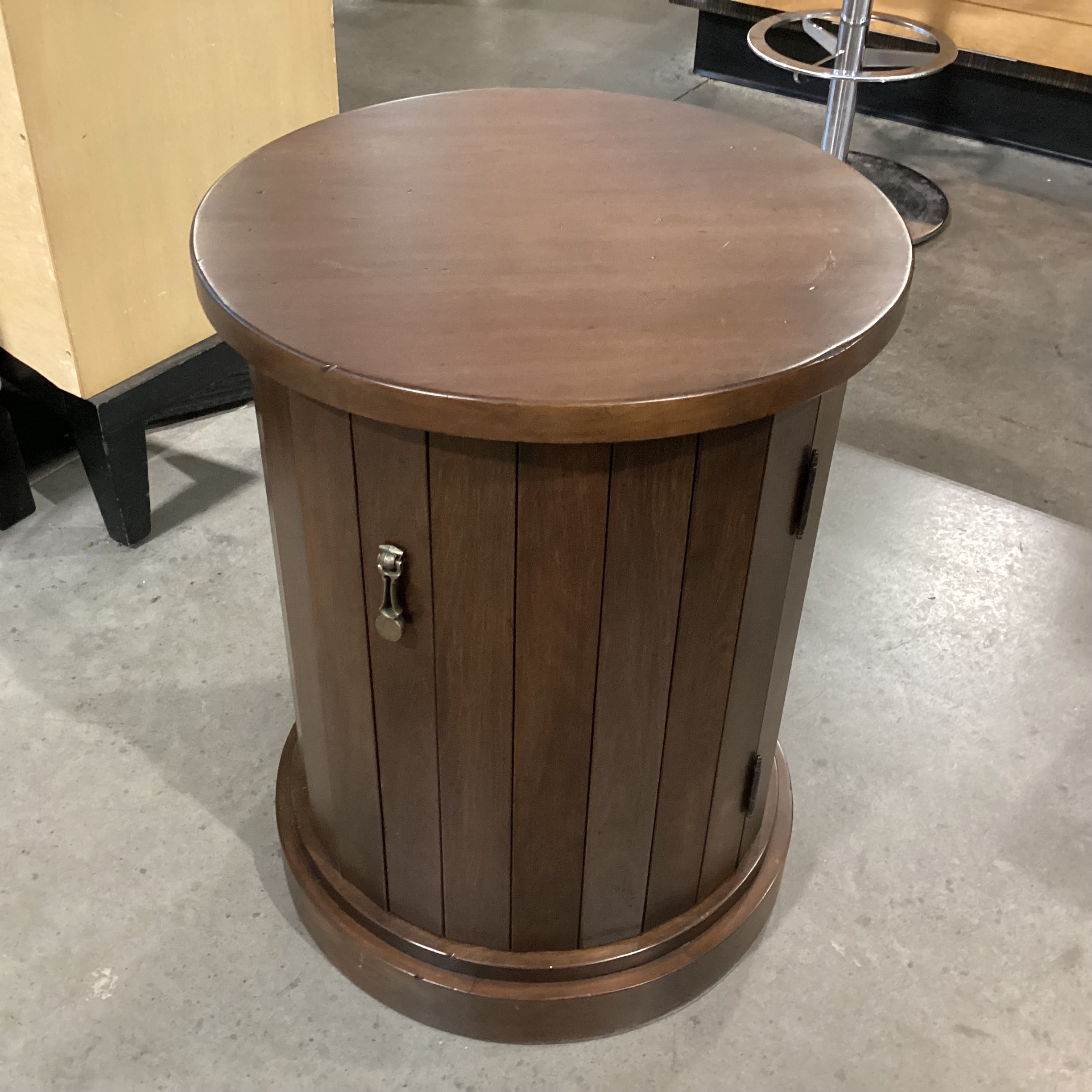 Dark Finish Column Round 1 Door Cabinet End Table 20" DIameter x 26"
