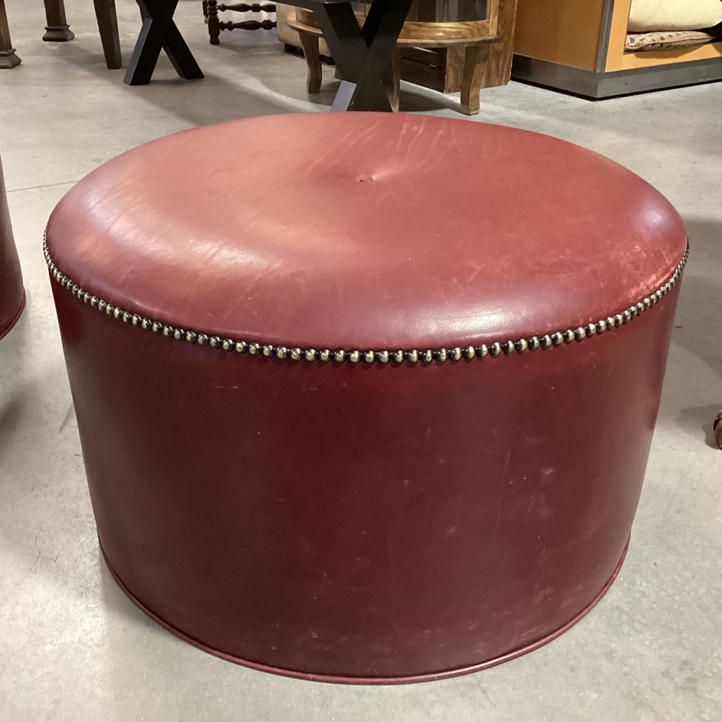 Stewart Furniture Design Red Tone Leather Nailhead Round Ottoman 27" Diameter x 16"
