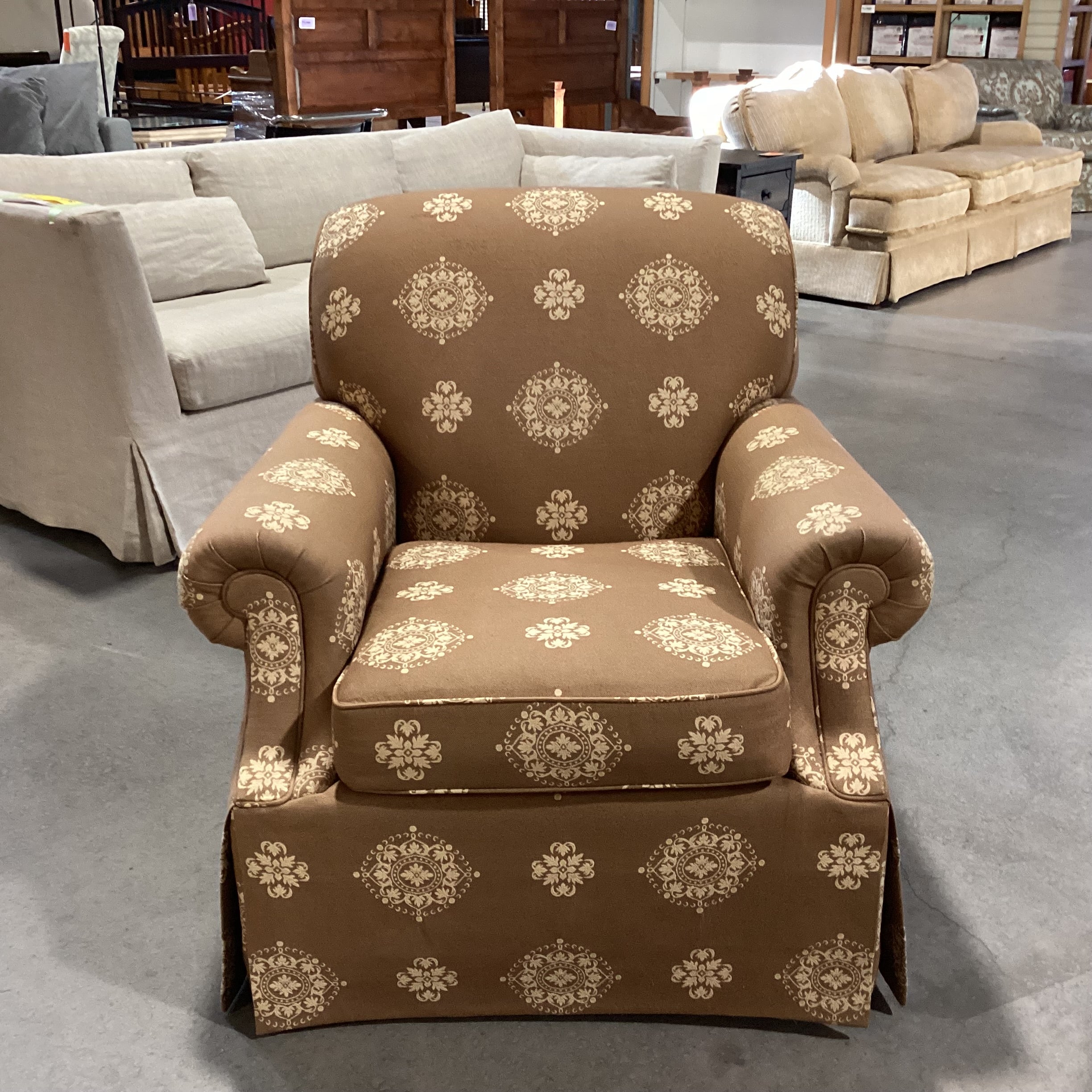 Kravet Furniture Custom Brown with Gold Floral Medallion Swivel Chair 36"x 36"x 36"