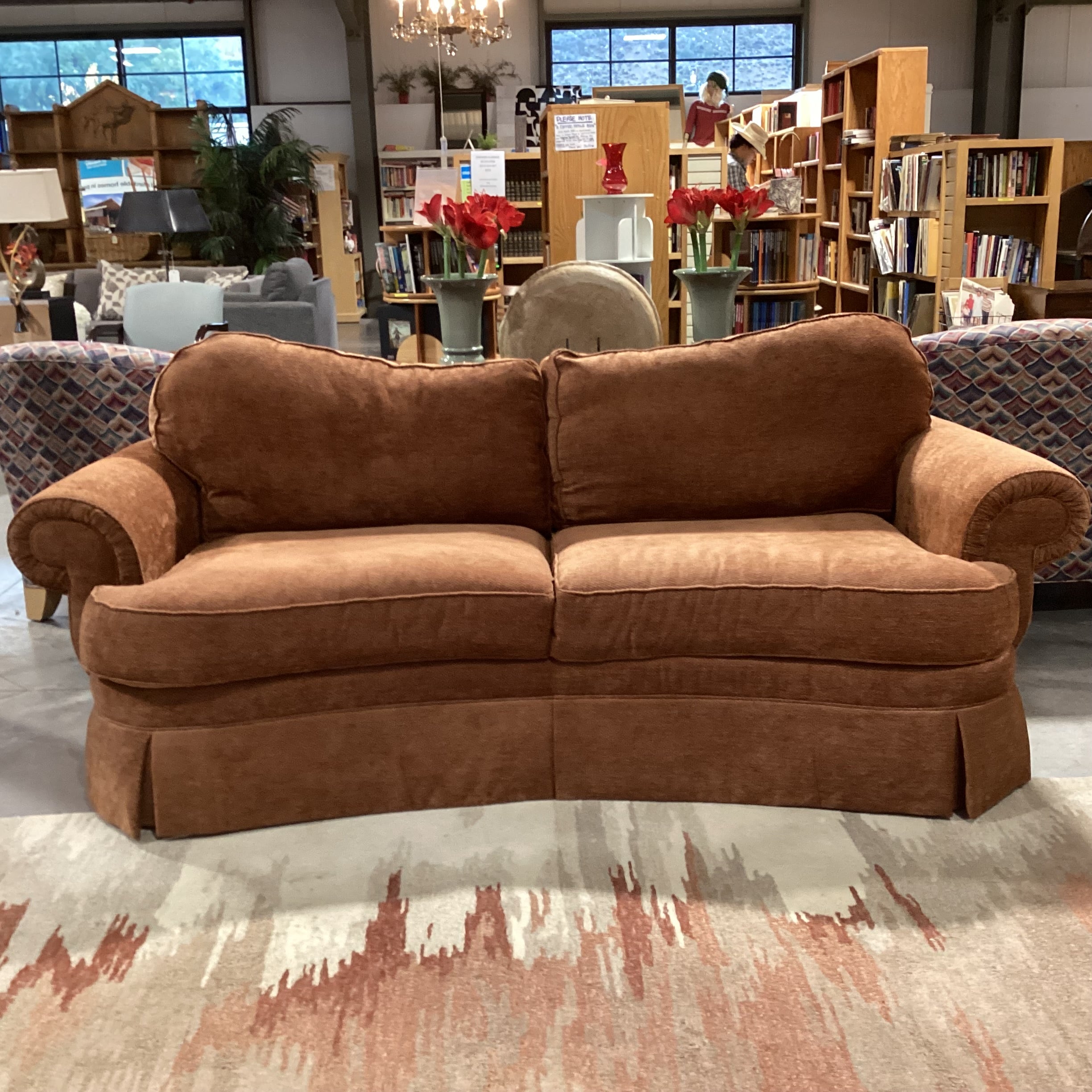 Ethan Allen Burnt Orange Chenille Woven with Roll Arm Curved Sofa 90"x 45"x 35"
