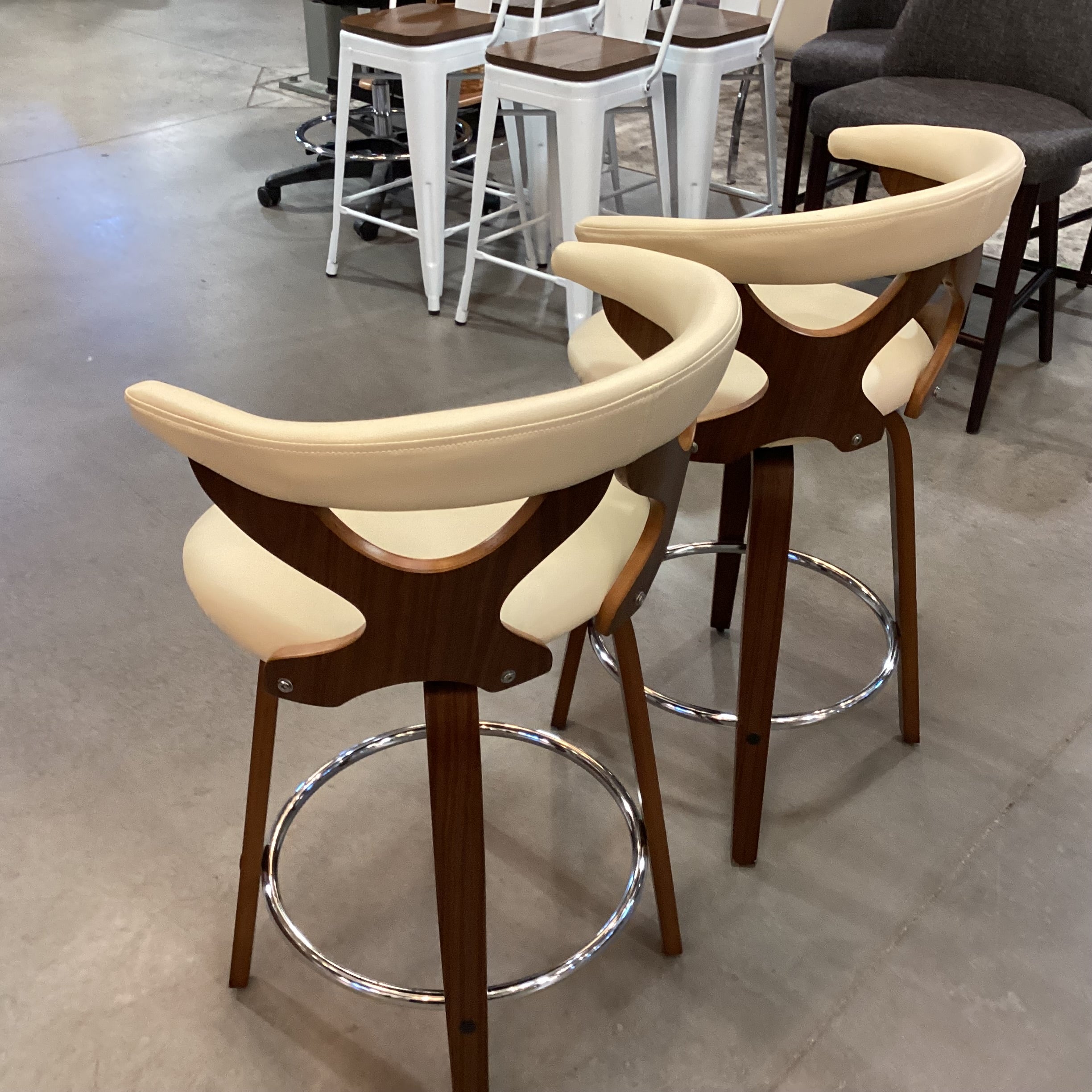 SET of 2 Lumisource Gardenia Mid Century Style Faux Cream Leather & Wood Barstools 25"