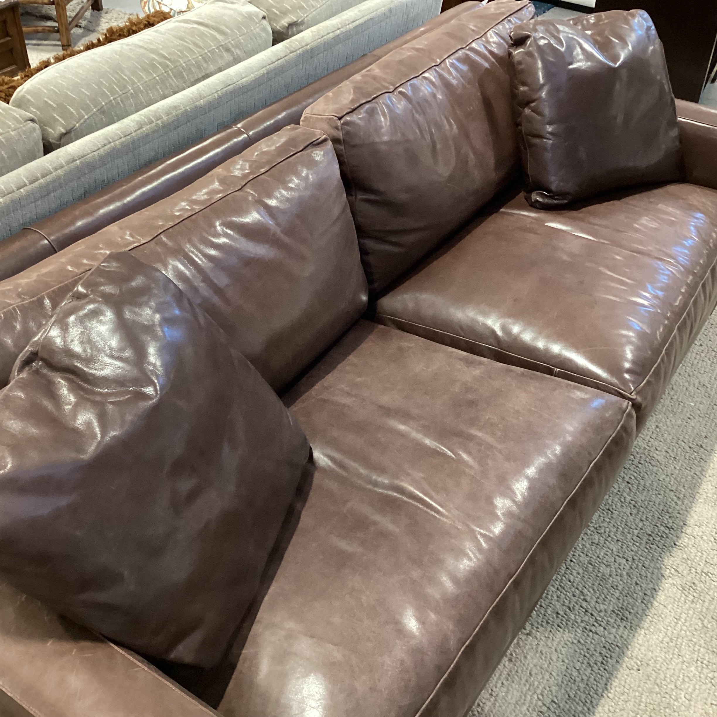 Baker Furniture Brown Leather Down Mix Track Arm with Accent Pillows Sofa 86"x 40"x 30"