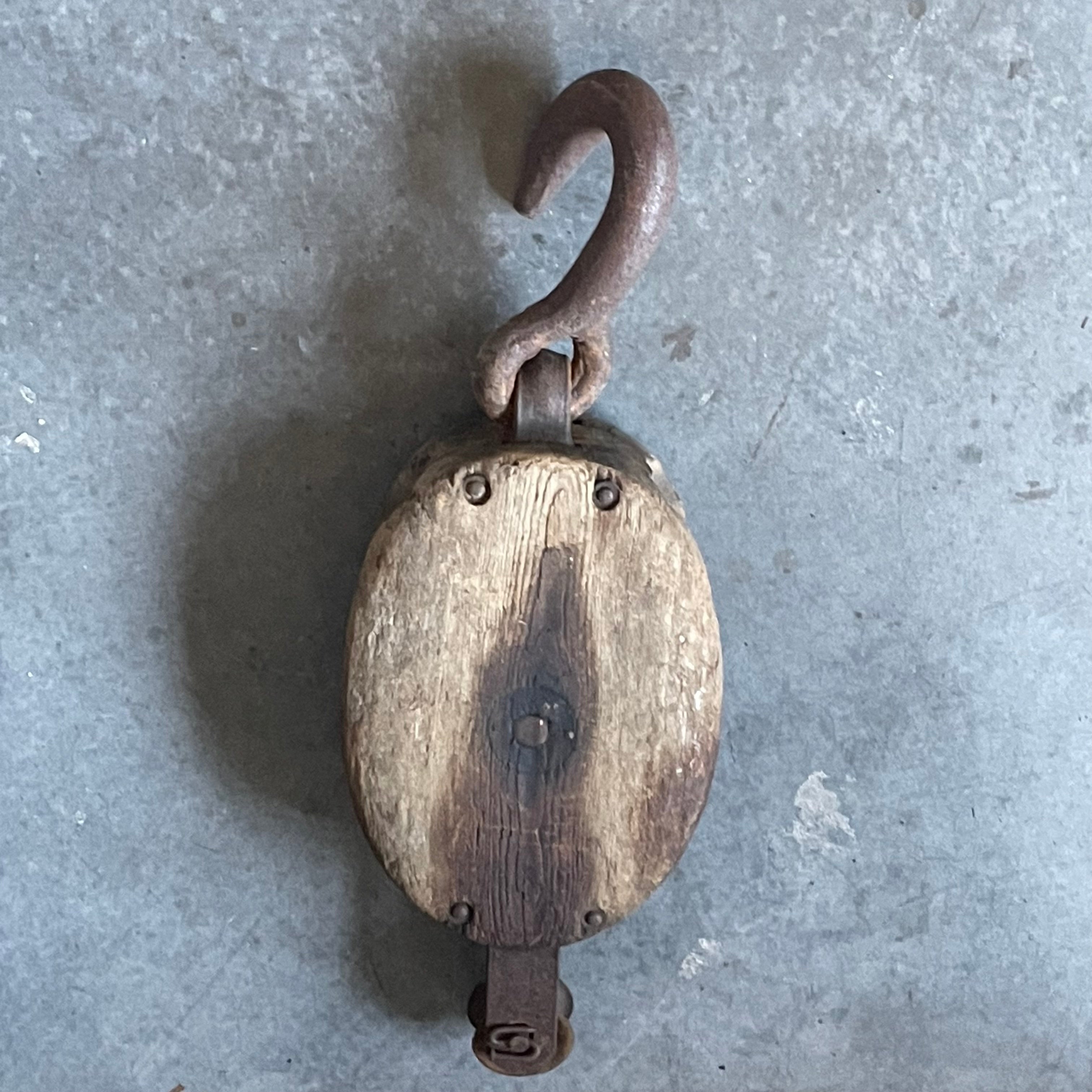 Antique Rustic Wood & Cast Iron Block Tackle Pulley, 9"x 6.5"x 23"