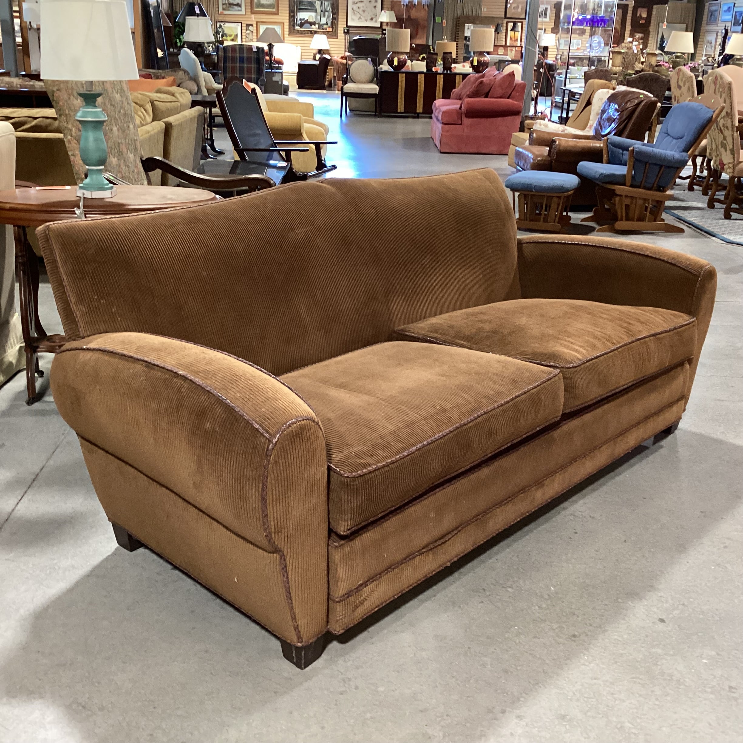 Richard Charles Brown Corduroy Braided Leather Piping & Down Mix Sofa 86"x 40"x 34"